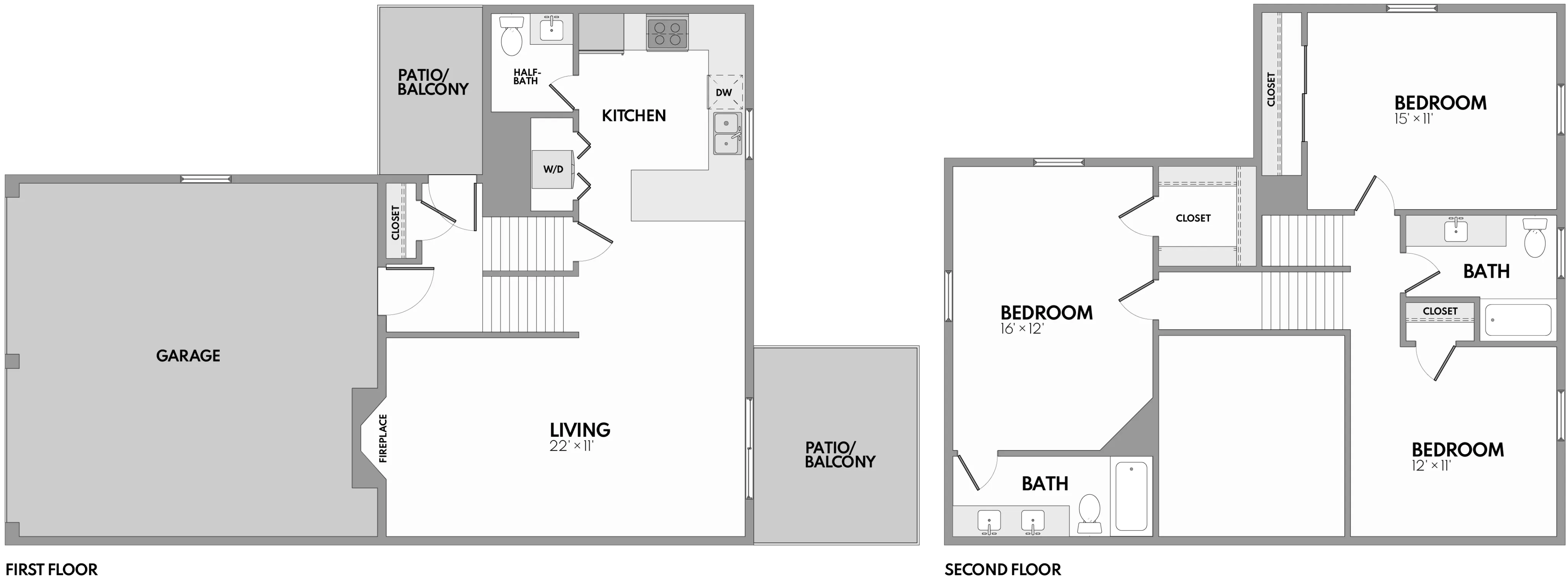 Modern two-story floor plan featuring a spacious living room with fireplace, two bedrooms, kitchen with patio/balcony, and garage.