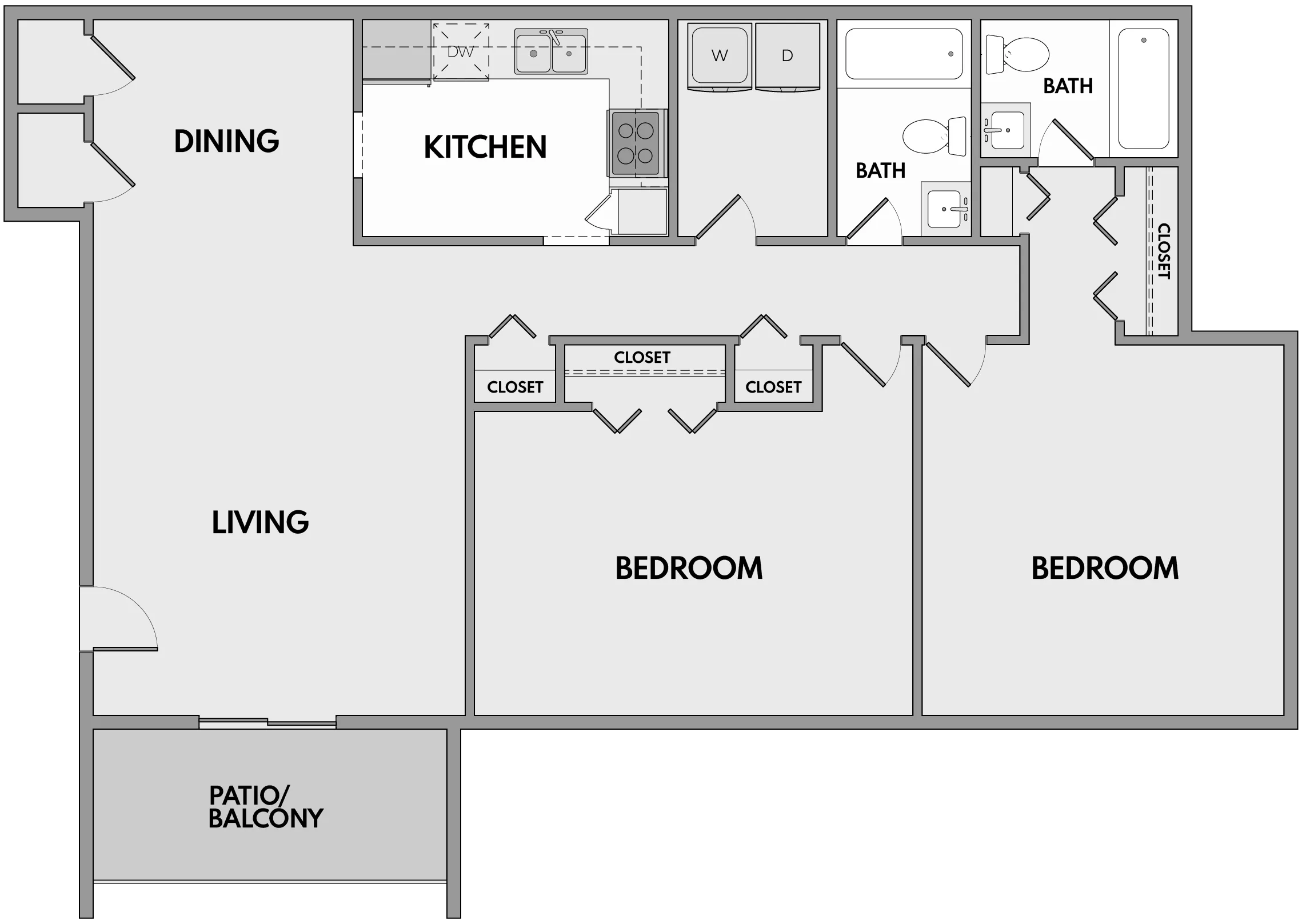 Modern floor plan showcasing 2 bedrooms, spacious living and dining areas, well-equipped kitchen, and dual bathrooms with generous closet space.