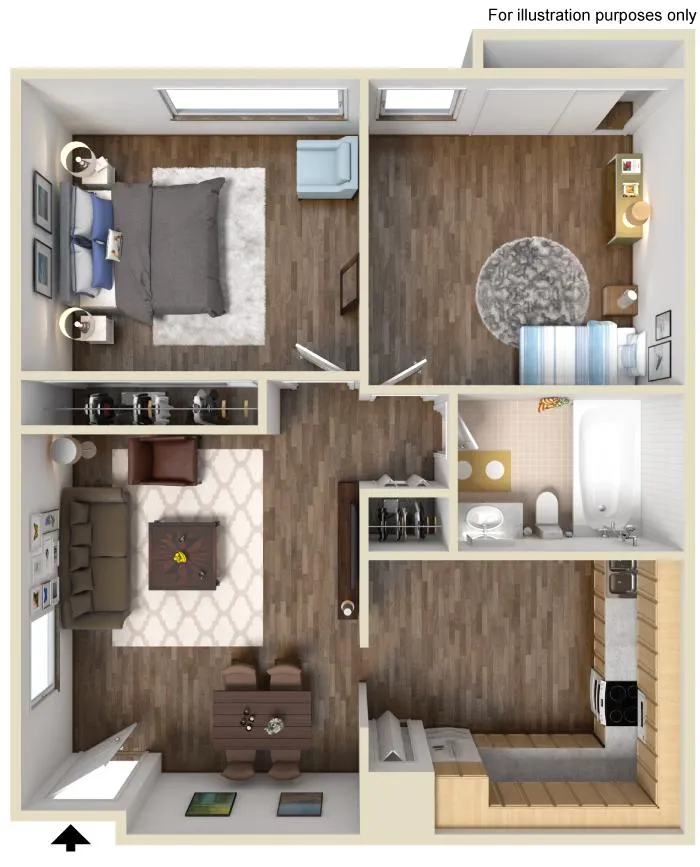 Charming 2D floor plan featuring 1 bedroom, cozy living room, stylish kitchen, and modern bathroom, optimized with smart space utilization.
