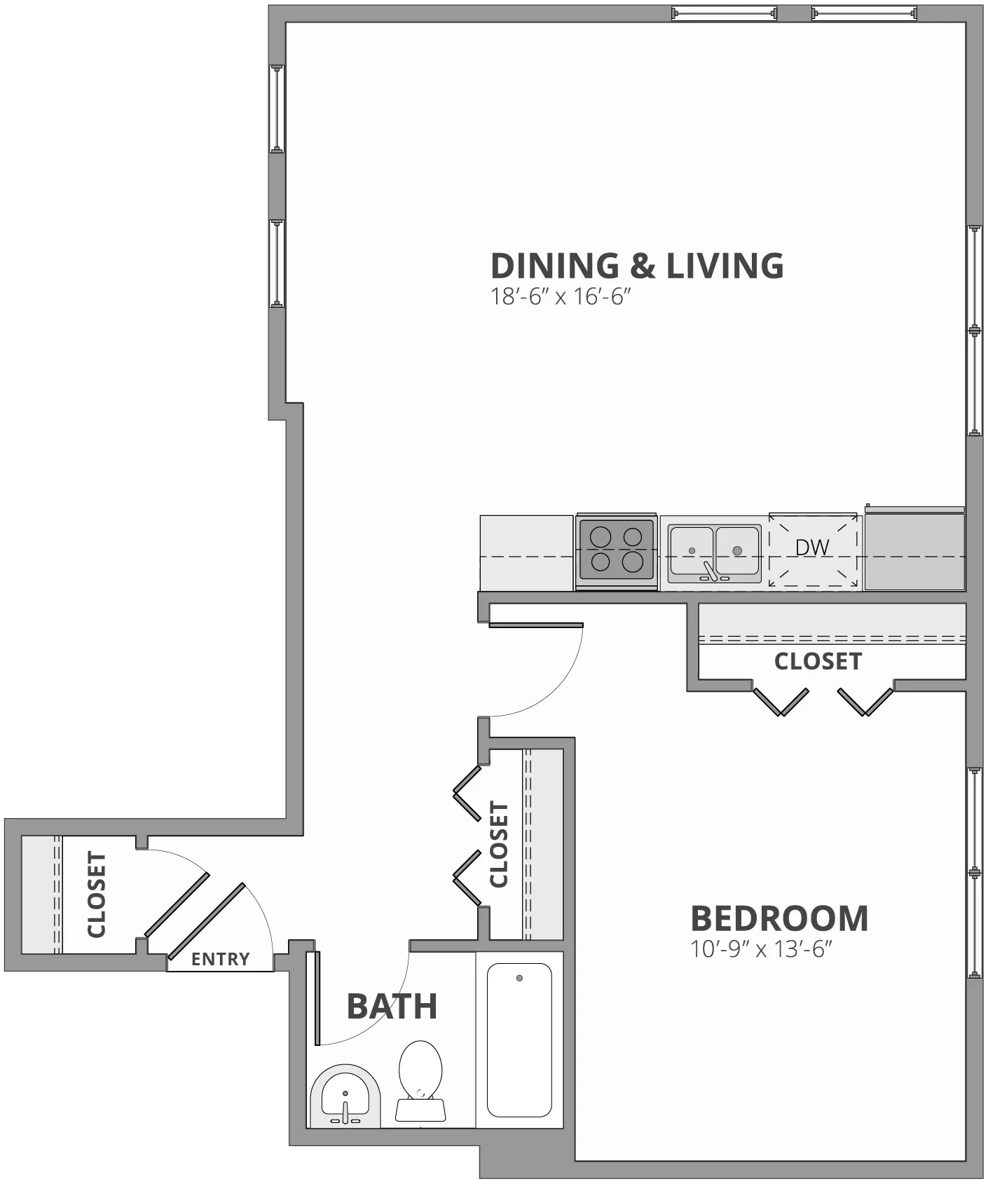 Modern 1-bedroom floor plan featuring spacious dining and living area, sleek kitchen, and convenient bathroom layout.