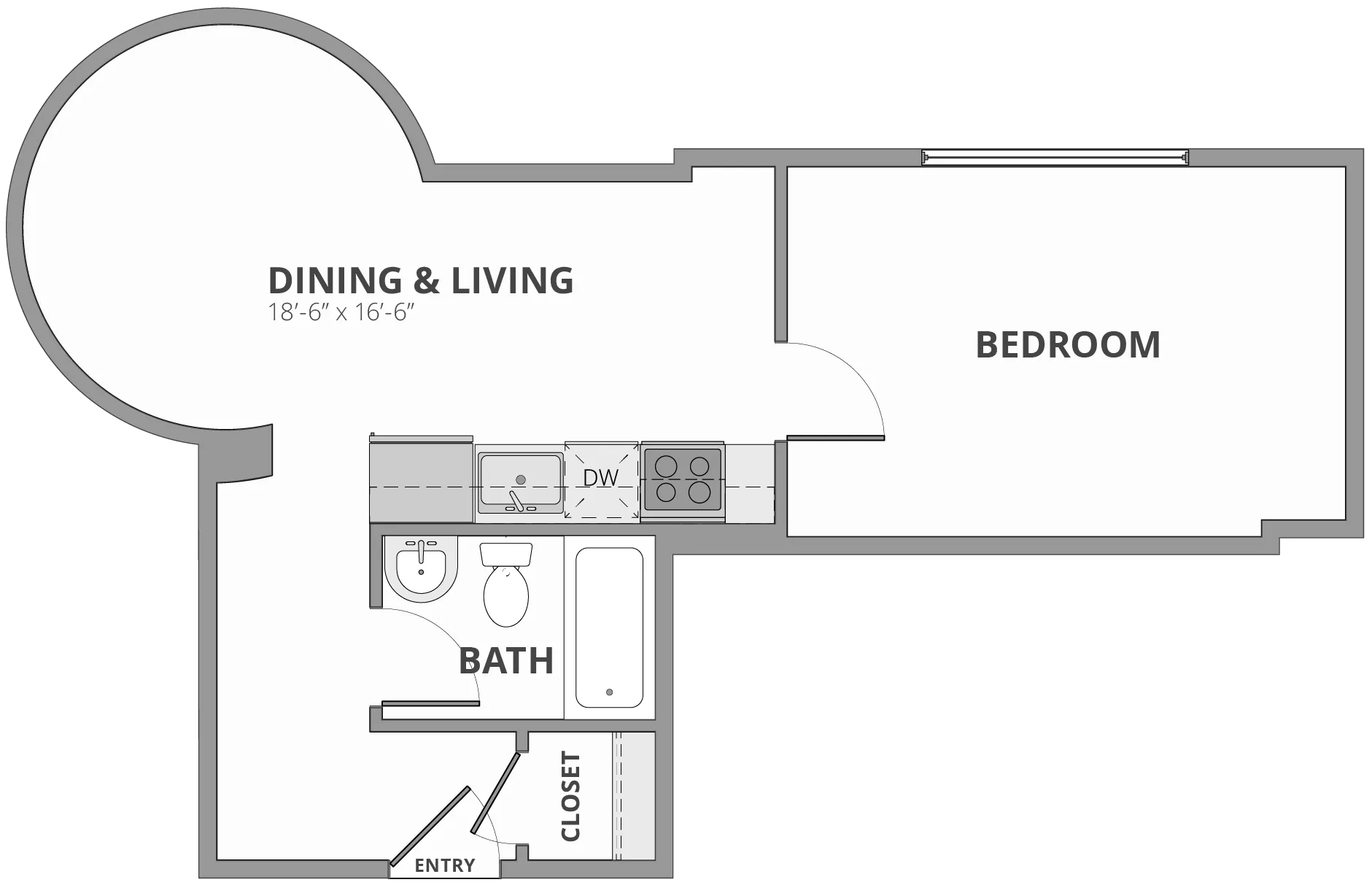 Modern floor plan showcasing a spacious one-bedroom apartment with open dining and living area, efficient kitchen, and full bathroom.