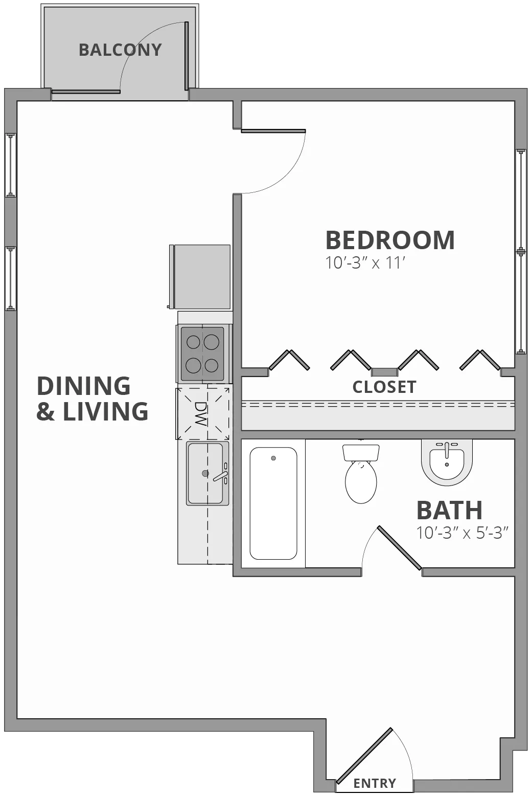 Inviting floor plan featuring a cozy bedroom, modern kitchen, dining and living area, bathroom, and private balcony.