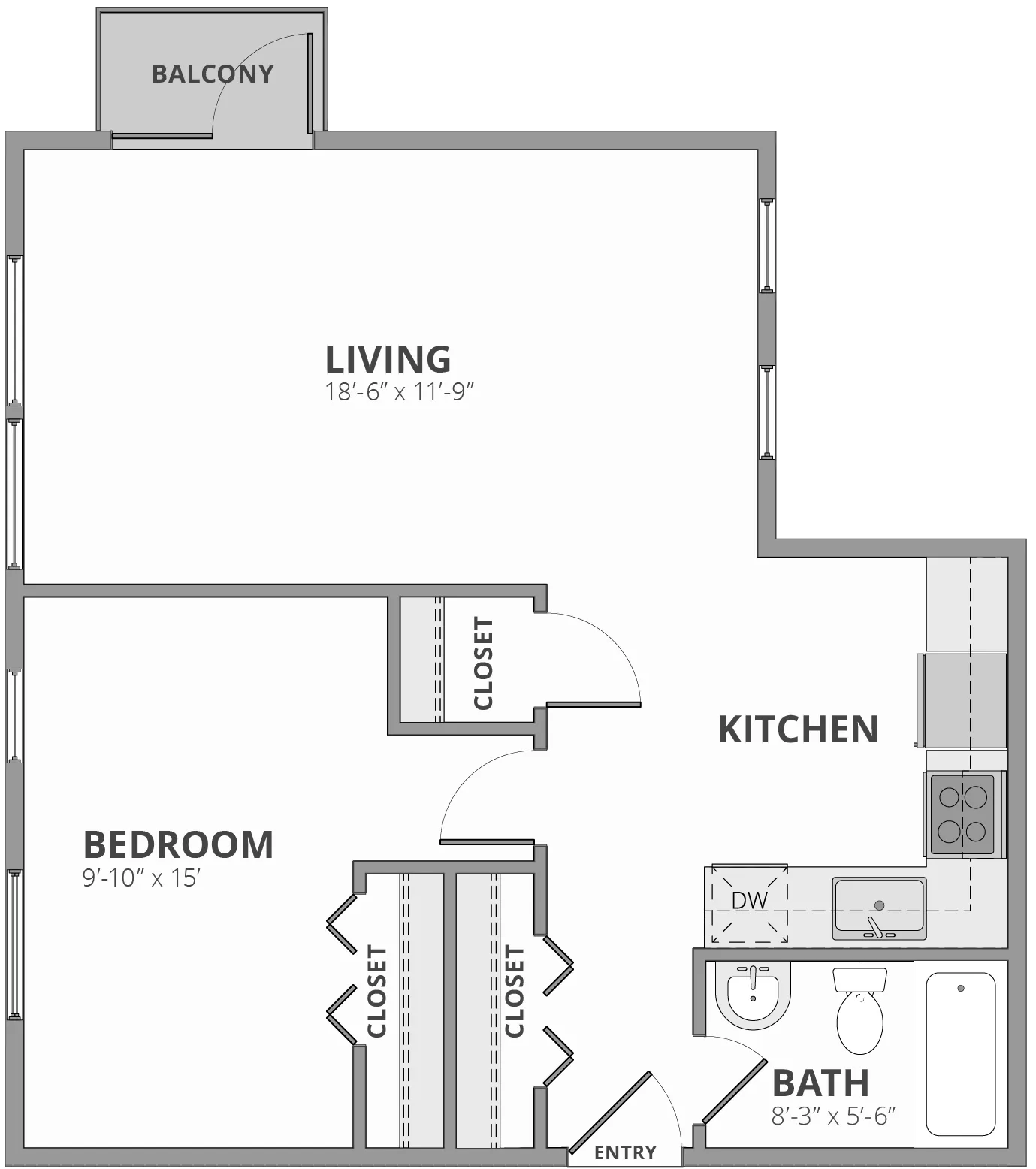 Modern 2D floor plan showcasing a spacious one-bedroom apartment with a balcony, open living area, sleek kitchen, and convenient bath.