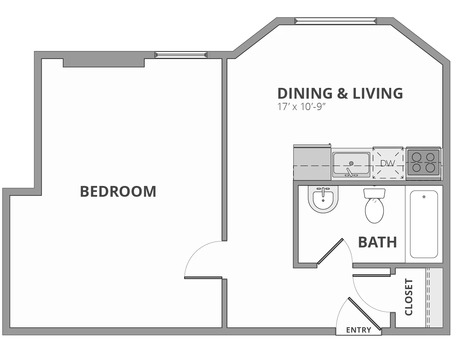 Chic floor plan showcasing a spacious bedroom, open dining and living area, and a modern bath with kitchen amenities.