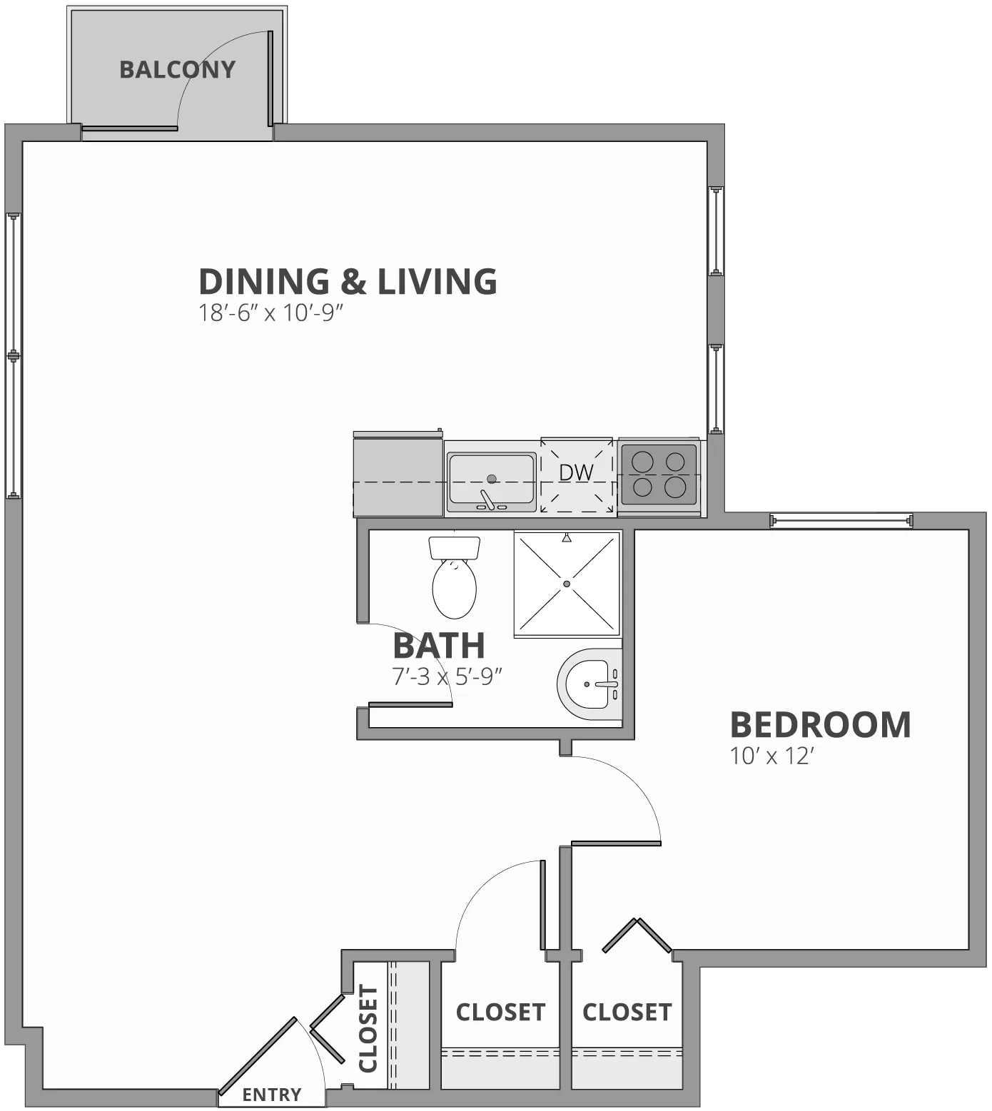 Modern floor plan showcasing a spacious 1-bedroom apartment with an open dining and living area, bathroom, two closets, and inviting balcony access.