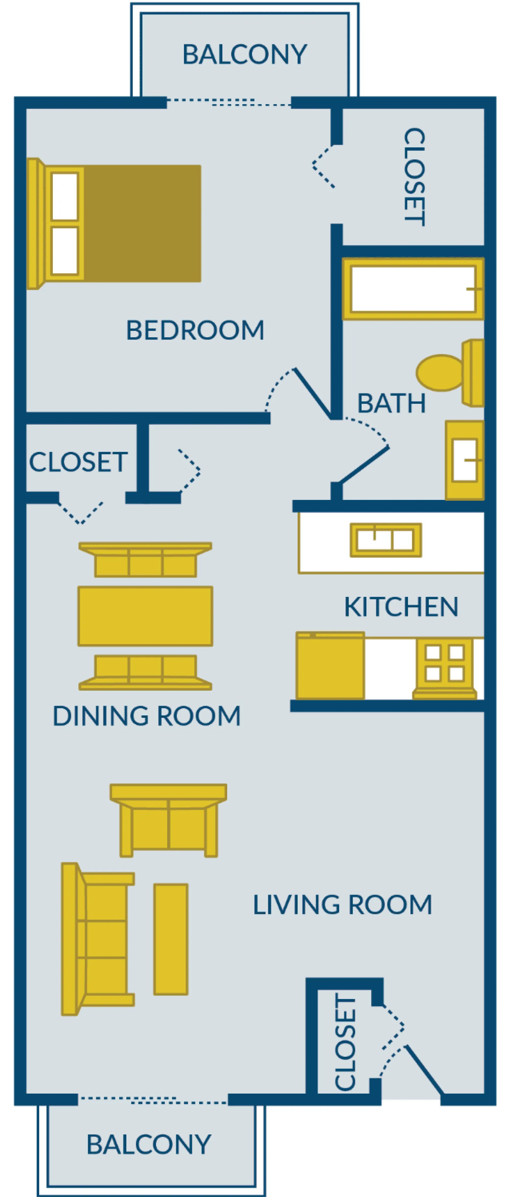 Inviting floor plan featuring a spacious bedroom with a private balcony, modern kitchen, and open living dining area for effortless relaxation.