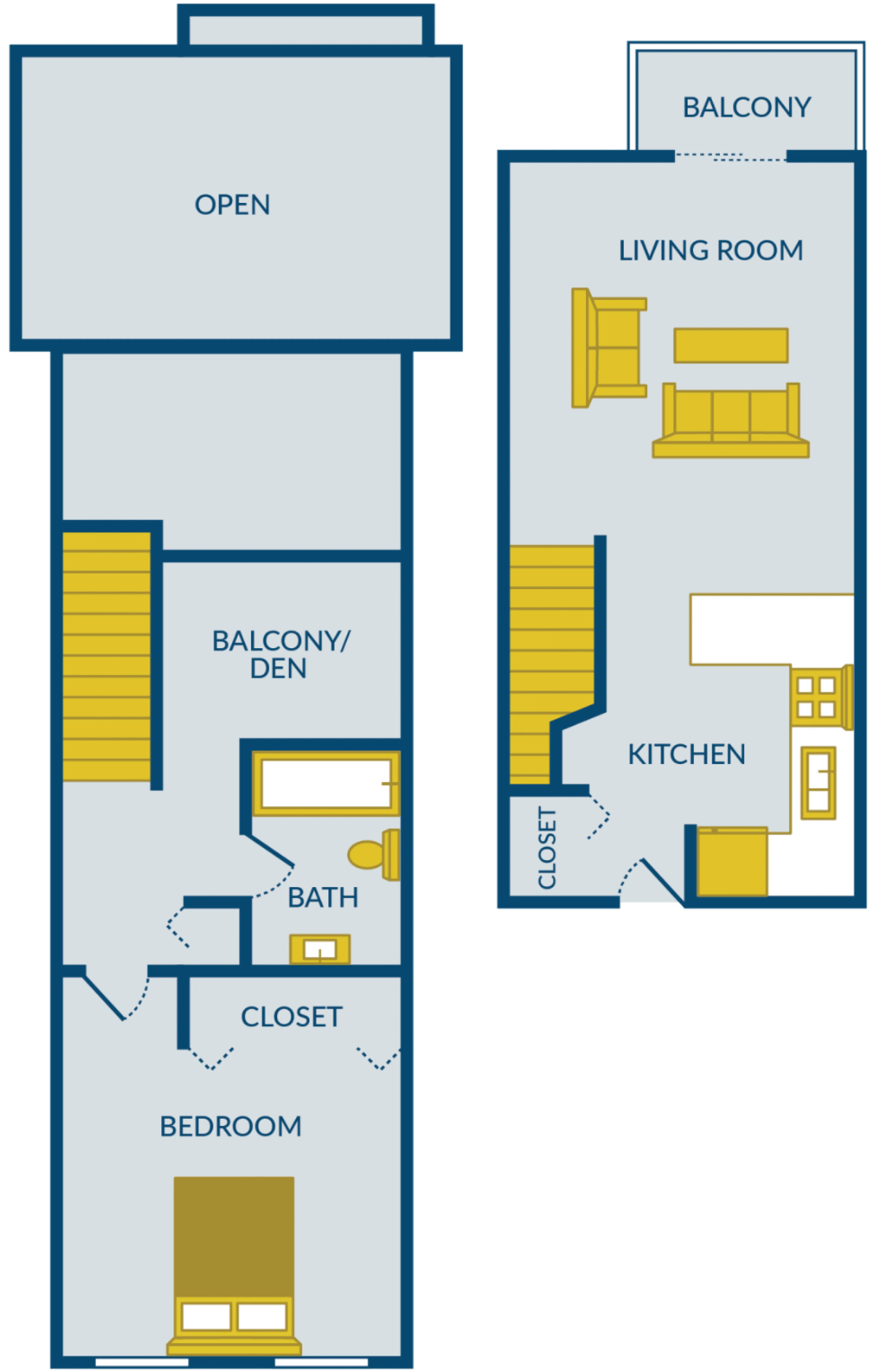 Charming duplex floor plan featuring one bedroom, a spacious den, a modern kitchen, cozy living room, balcony, and a bath.
