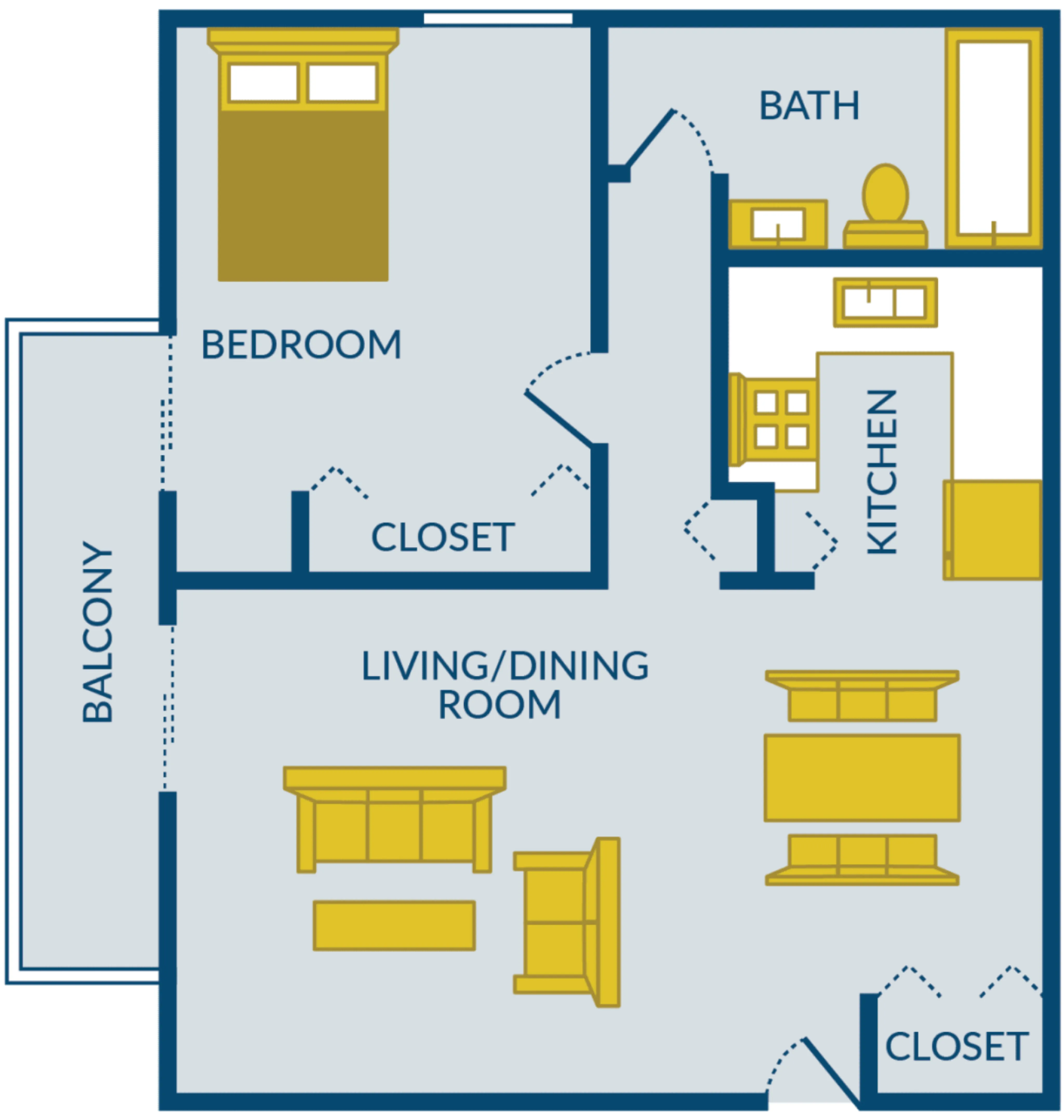 Modern 1-bedroom floor plan with an inviting balcony, sleek kitchen, and combined living/dining area.