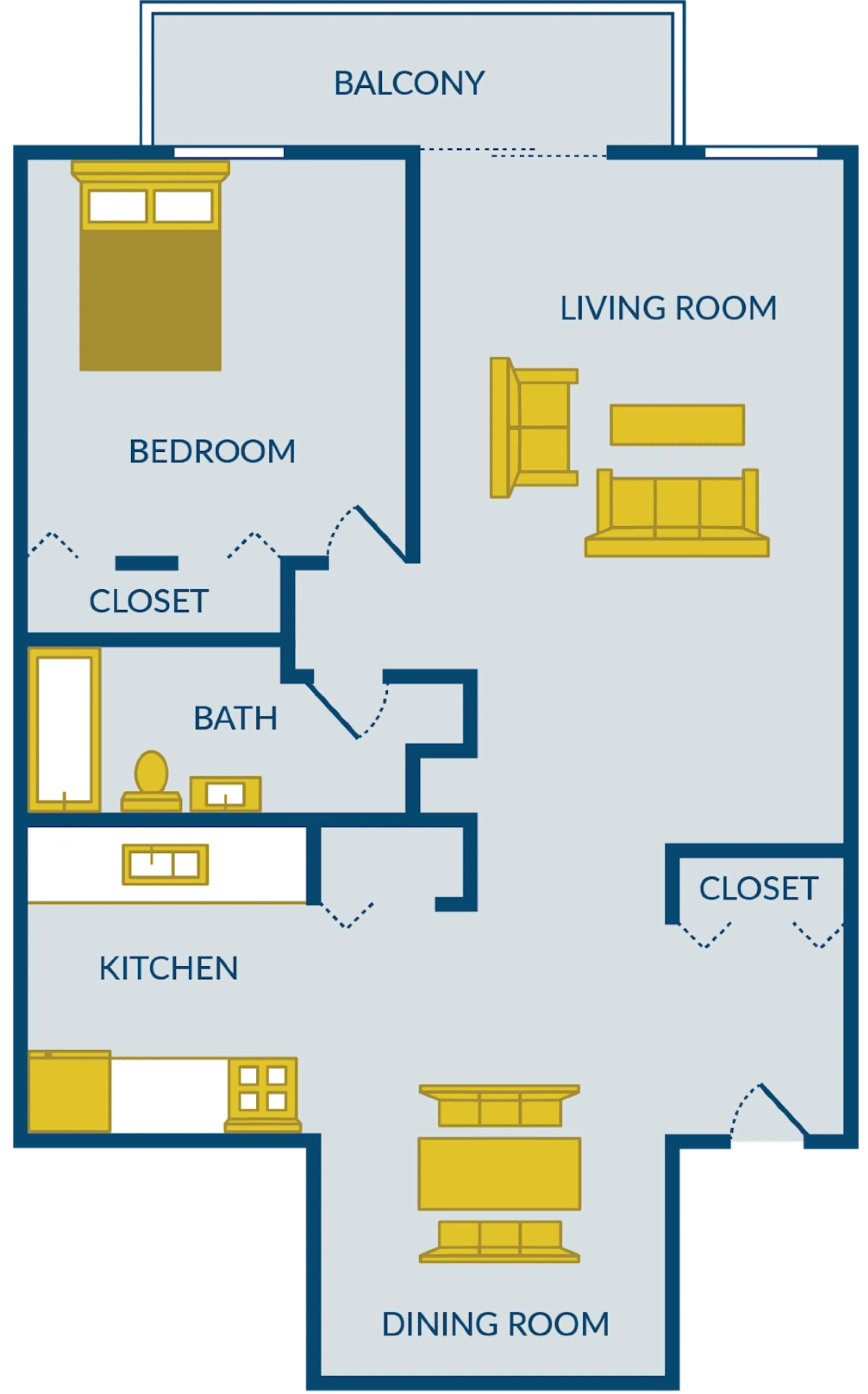 Inviting floor plan showcasing 1 bedroom, spacious living room with access to balcony, well-equipped kitchen, dining room, and convenient bath.