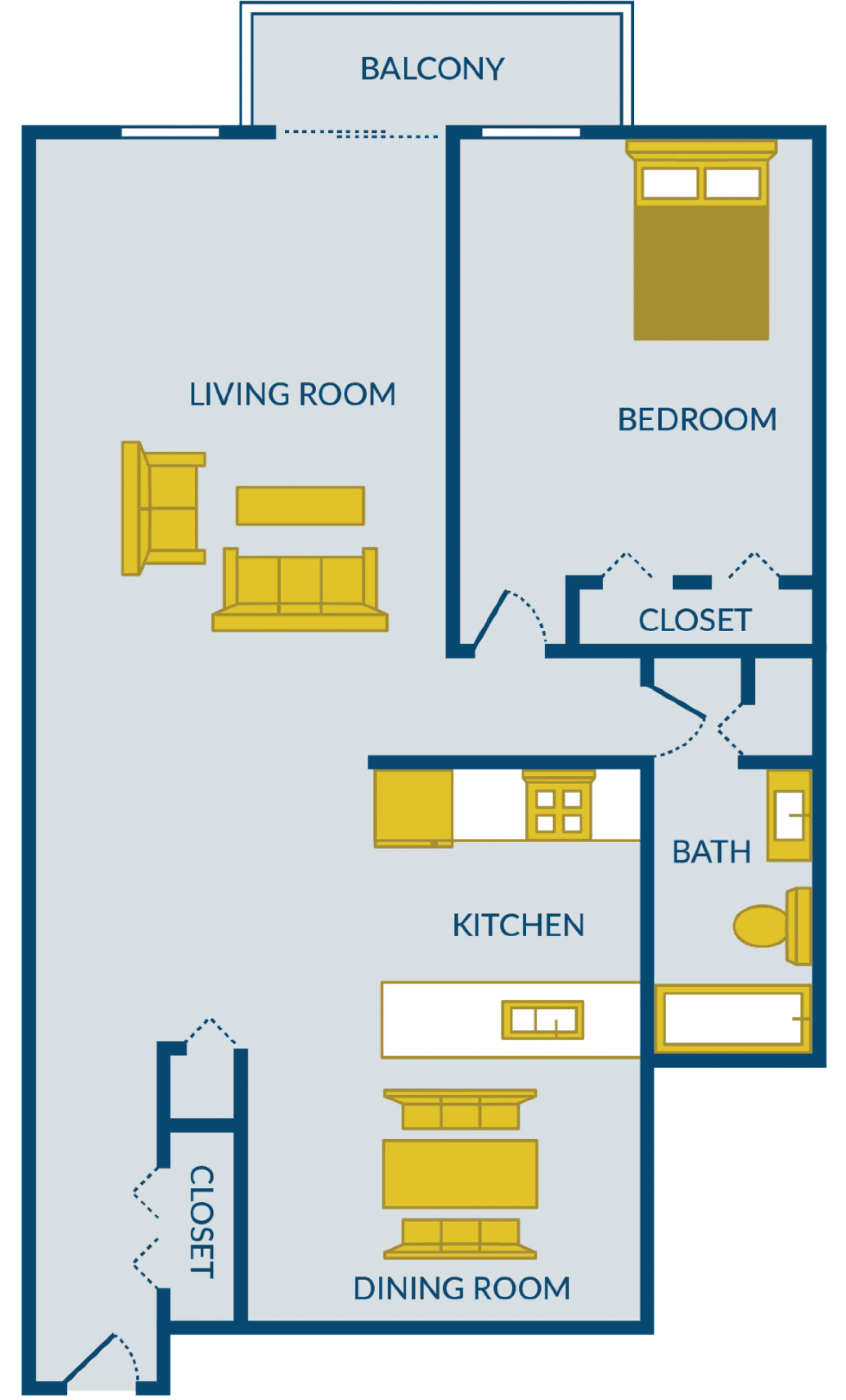 Modern floor plan featuring a spacious bedroom, open living and dining room, functional kitchen, and cozy balcony with ample storage closets.