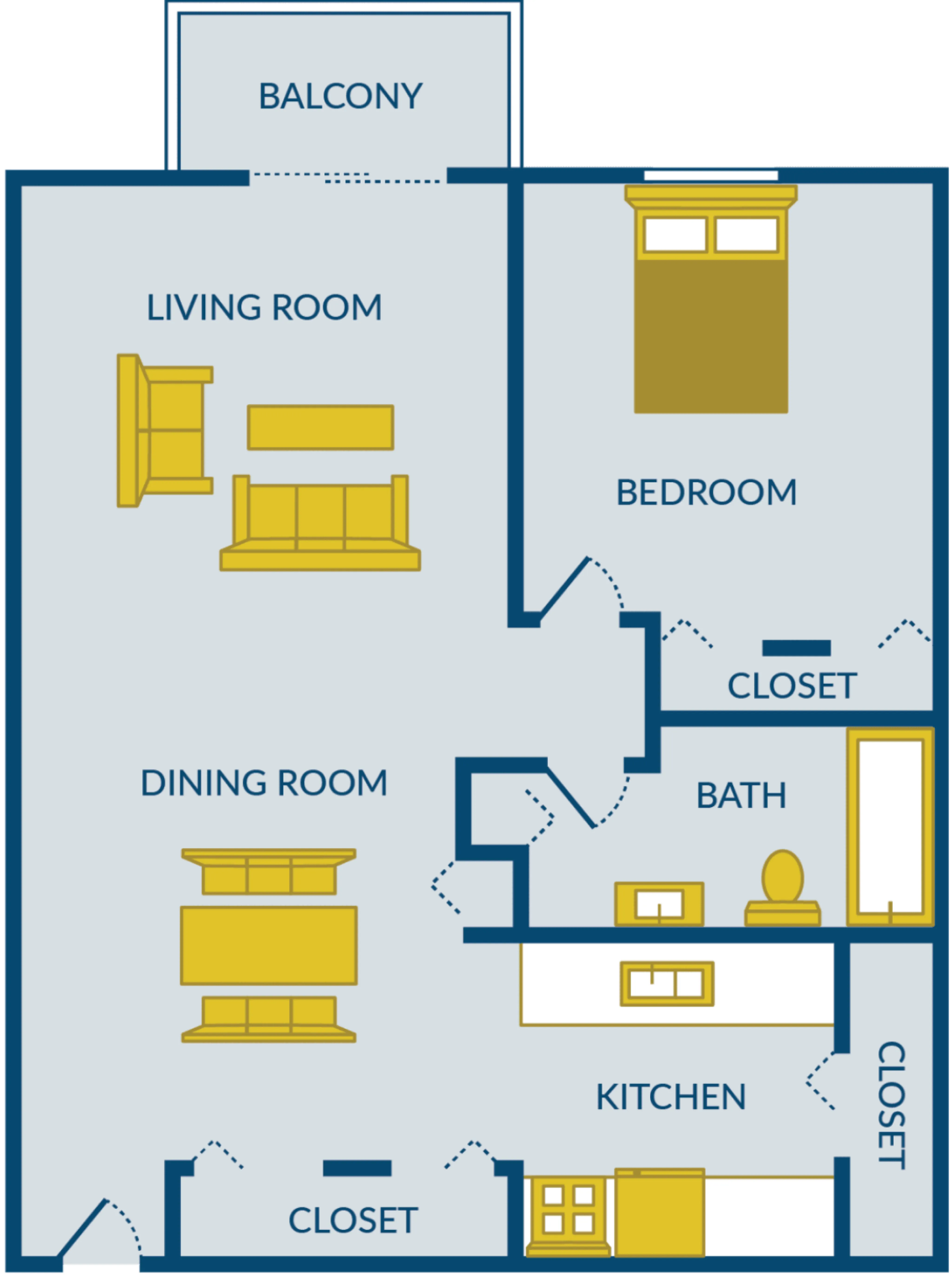 Elegant apartment floor plan with 1 bedroom, open-plan living and dining area, modern kitchen, and a balcony for outdoor relaxation.