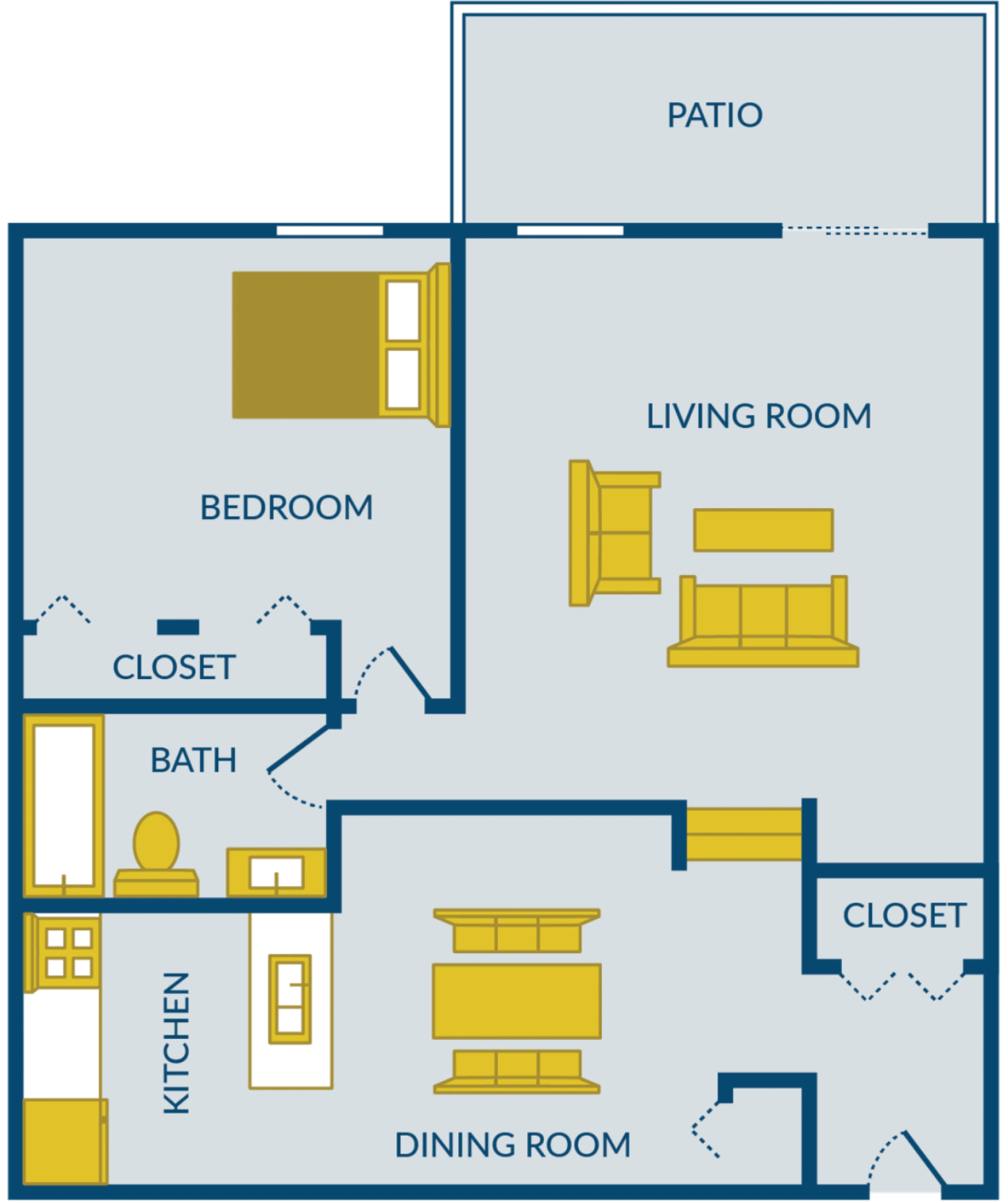 Modern apartment floor plan showcasing a bedroom, spacious living room, well-designed kitchen, dining room, bath, closet space, and a welcoming patio.