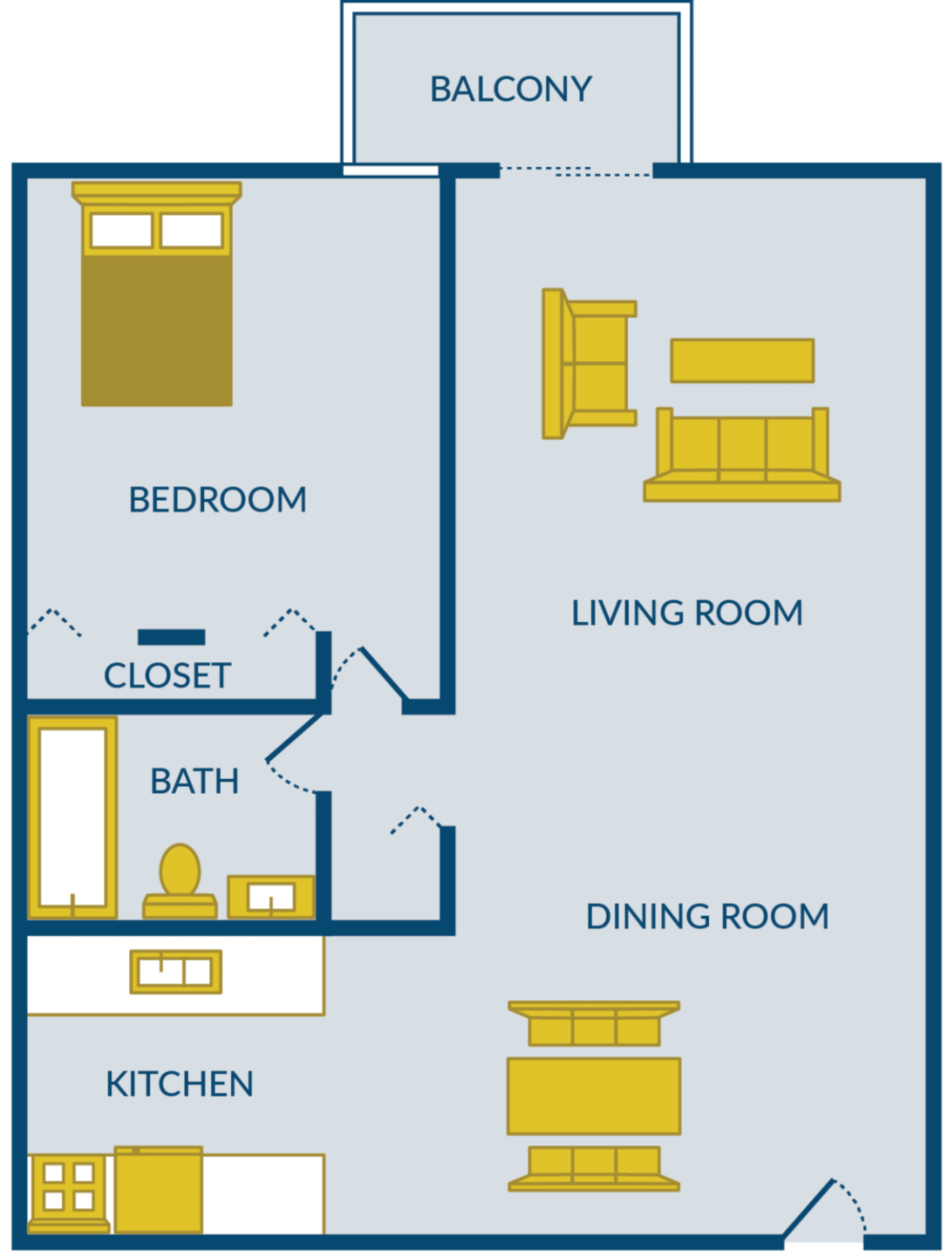 Modern floor plan featuring one bedroom, spacious living room, dining area, and a balcony.