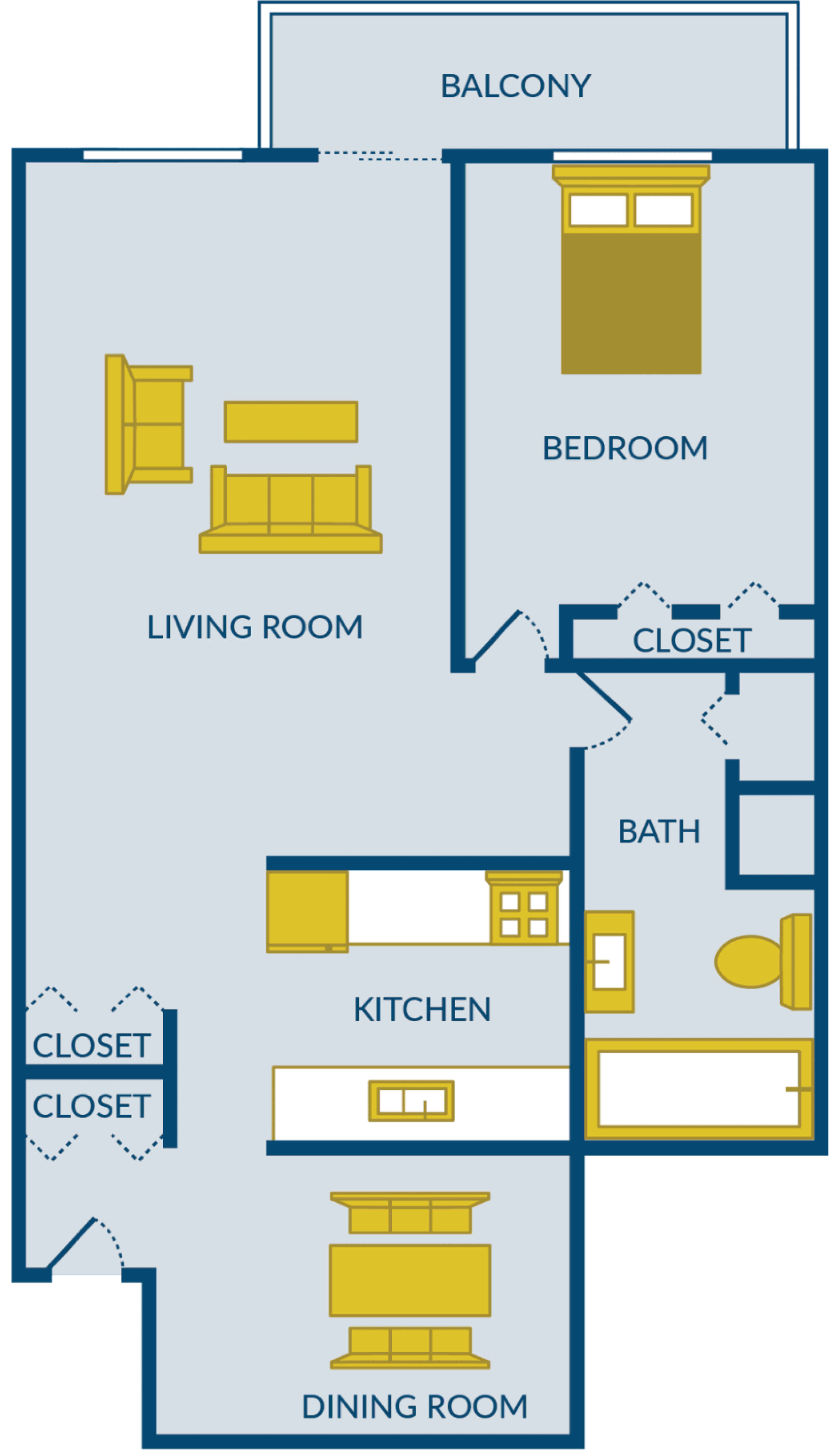 Charming floor plan displaying a cozy 1-bedroom with ample living room, well-equipped kitchen, and inviting dining area, complemented by a private balcony.