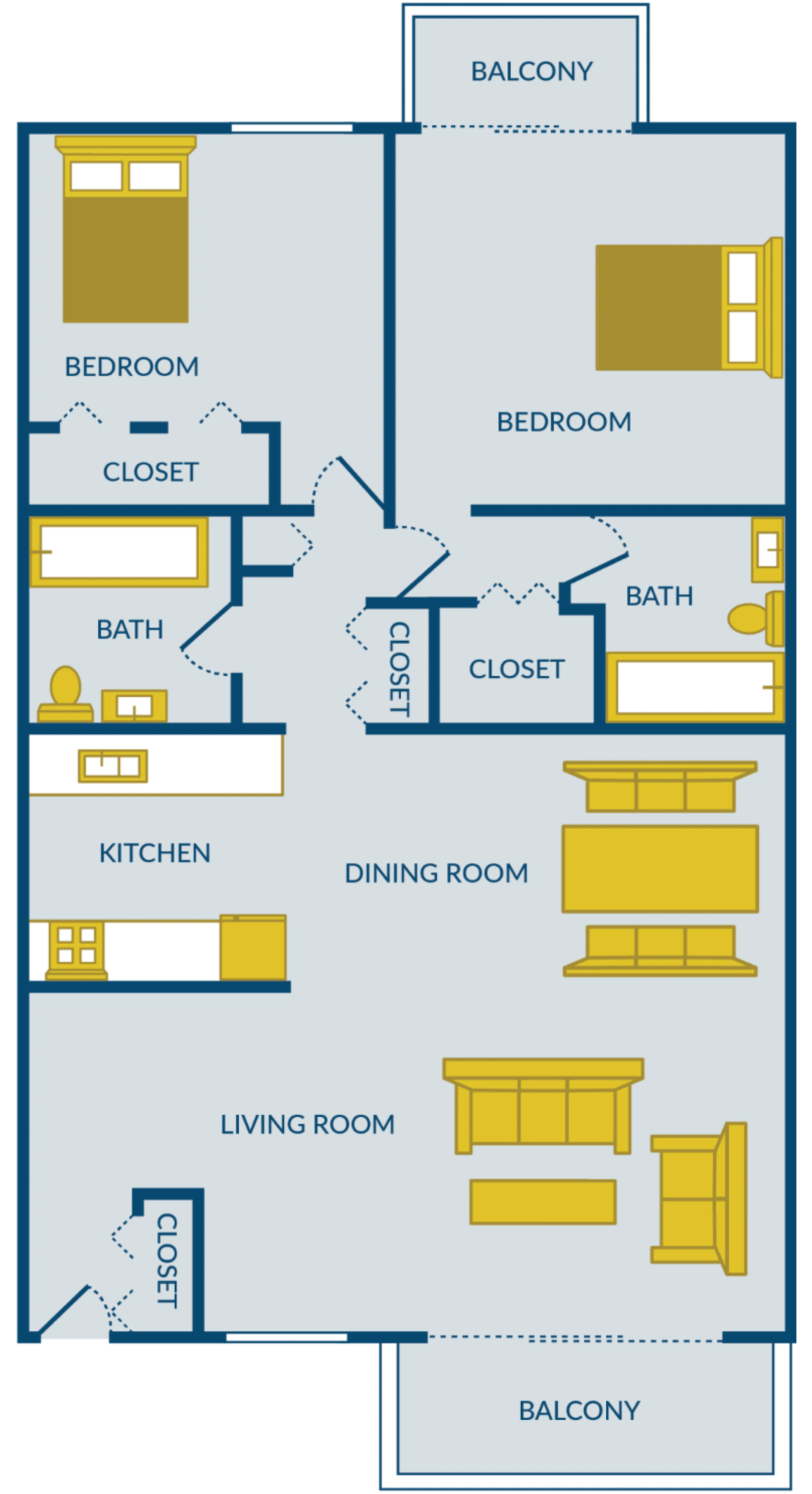 Modern floor plan showcasing two bedrooms, each with a private balcony, two baths, open-concept living and dining area, and a well-designed kitchen.