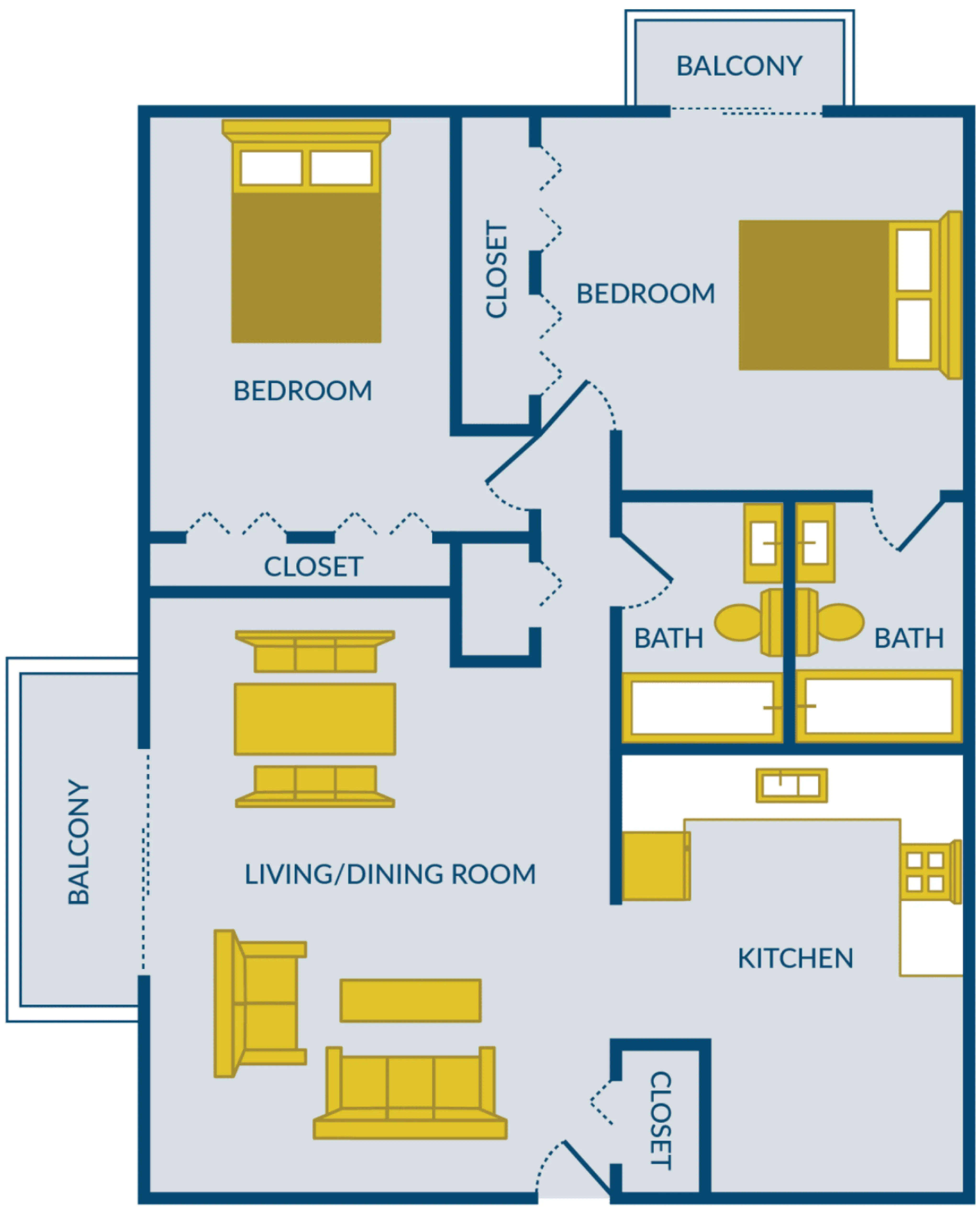 Elegant floor plan showcasing a spacious 2-bedroom apartment with dual balconies, open living and dining area, and a modern kitchen.
