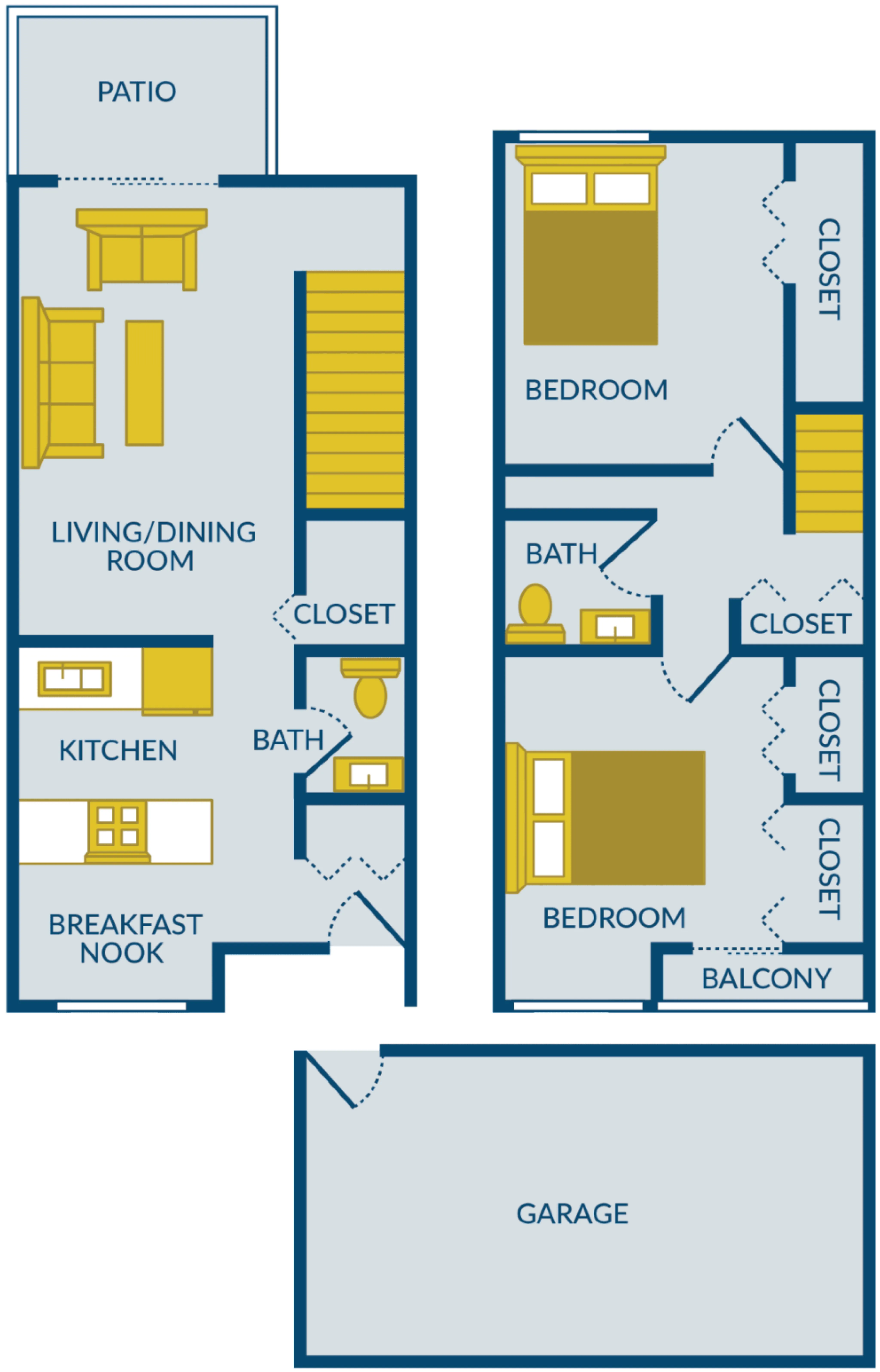 Inviting 2D floor plan with 2 cozy bedrooms, a spacious living/dining area, modern kitchen, breakfast nook, and private balcony. Includes a convenient garage and charming outdoor patio.