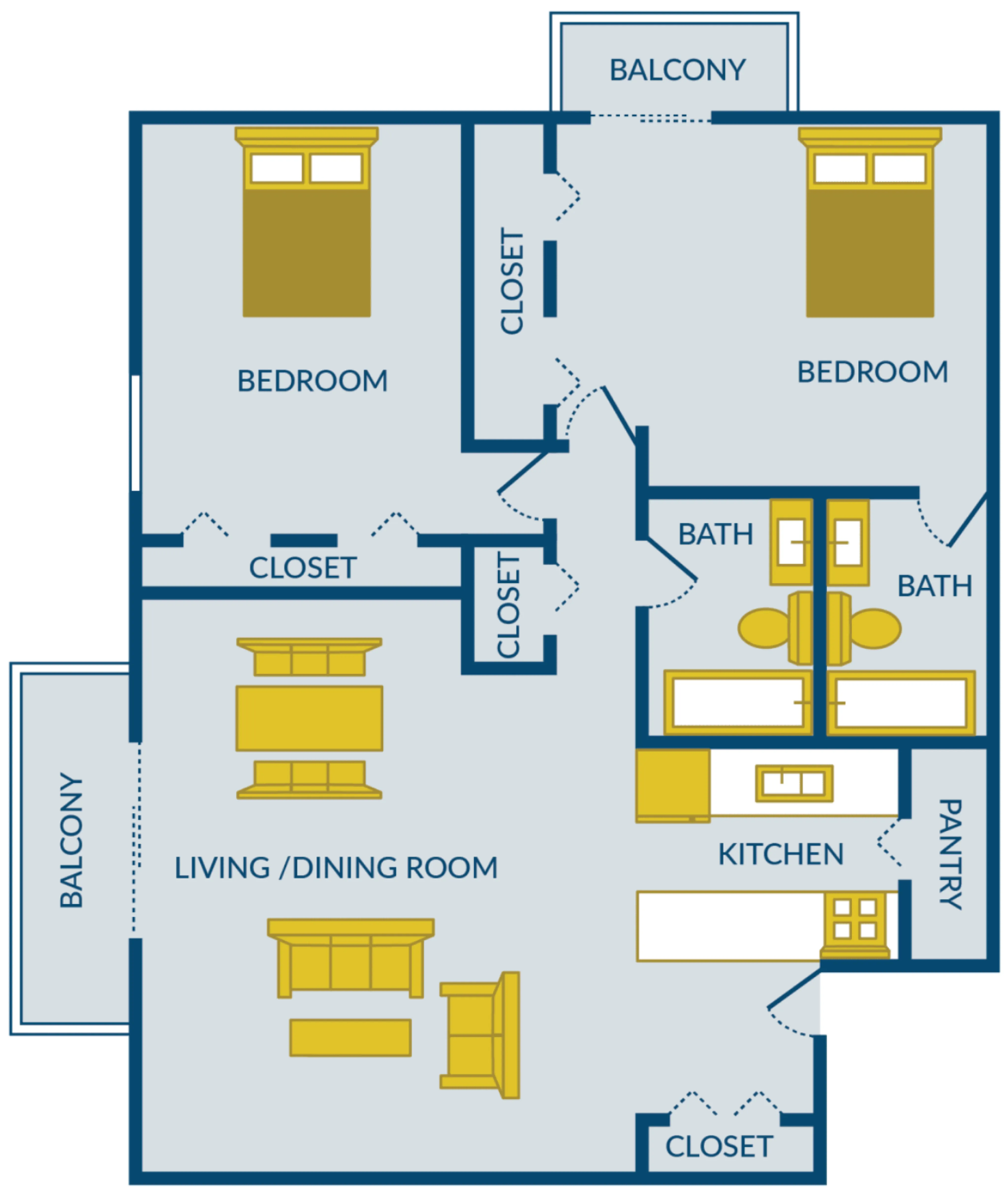 Inviting 2D floor plan featuring 2 spacious bedrooms, stylish open living and dining area, modern kitchen with pantry, 2 bathrooms, and dual balconies for enhanced living experience.