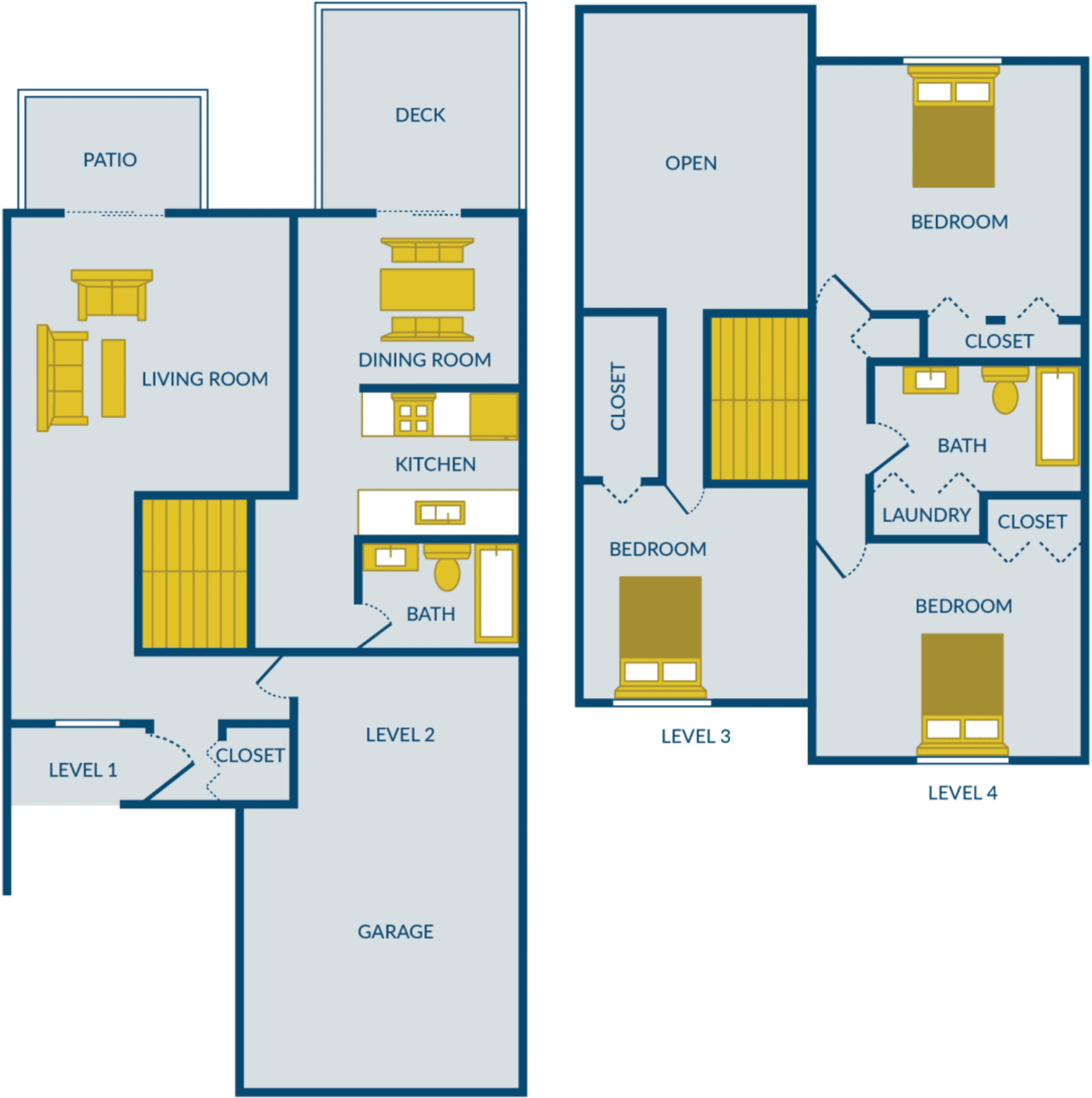 Modern multi-level floor plan featuring three bedrooms, spacious living and dining rooms, a deck, and a convenient garage.