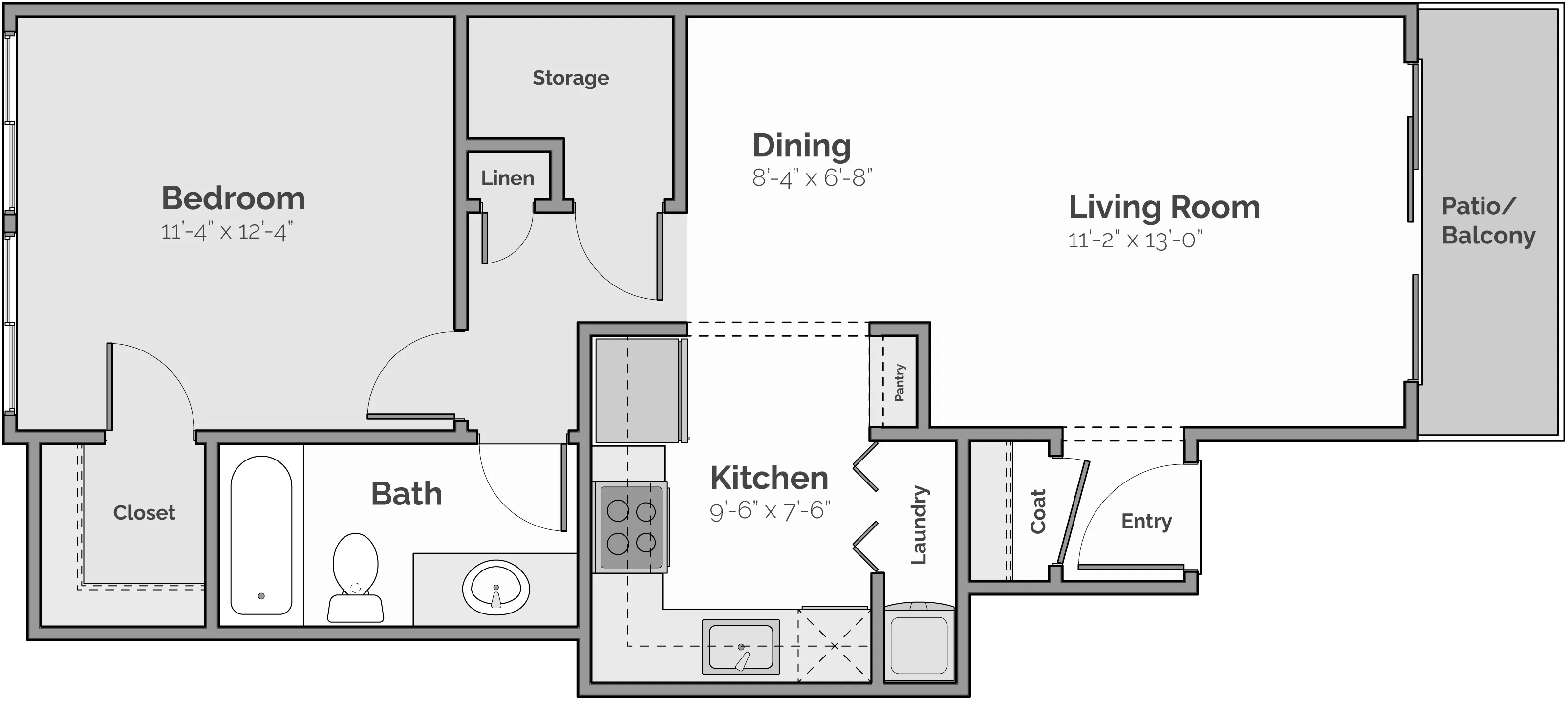 Vista floor plan showcasing a spacious 1-bedroom layout with a large living room, cozy dining area, modern kitchen, and private patio.