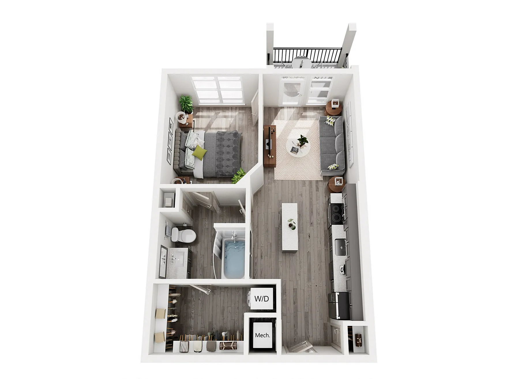Modern 3D floor plan highlighting a spacious one-bedroom apartment with an open-concept living room, sleek kitchen, and private balcony access.