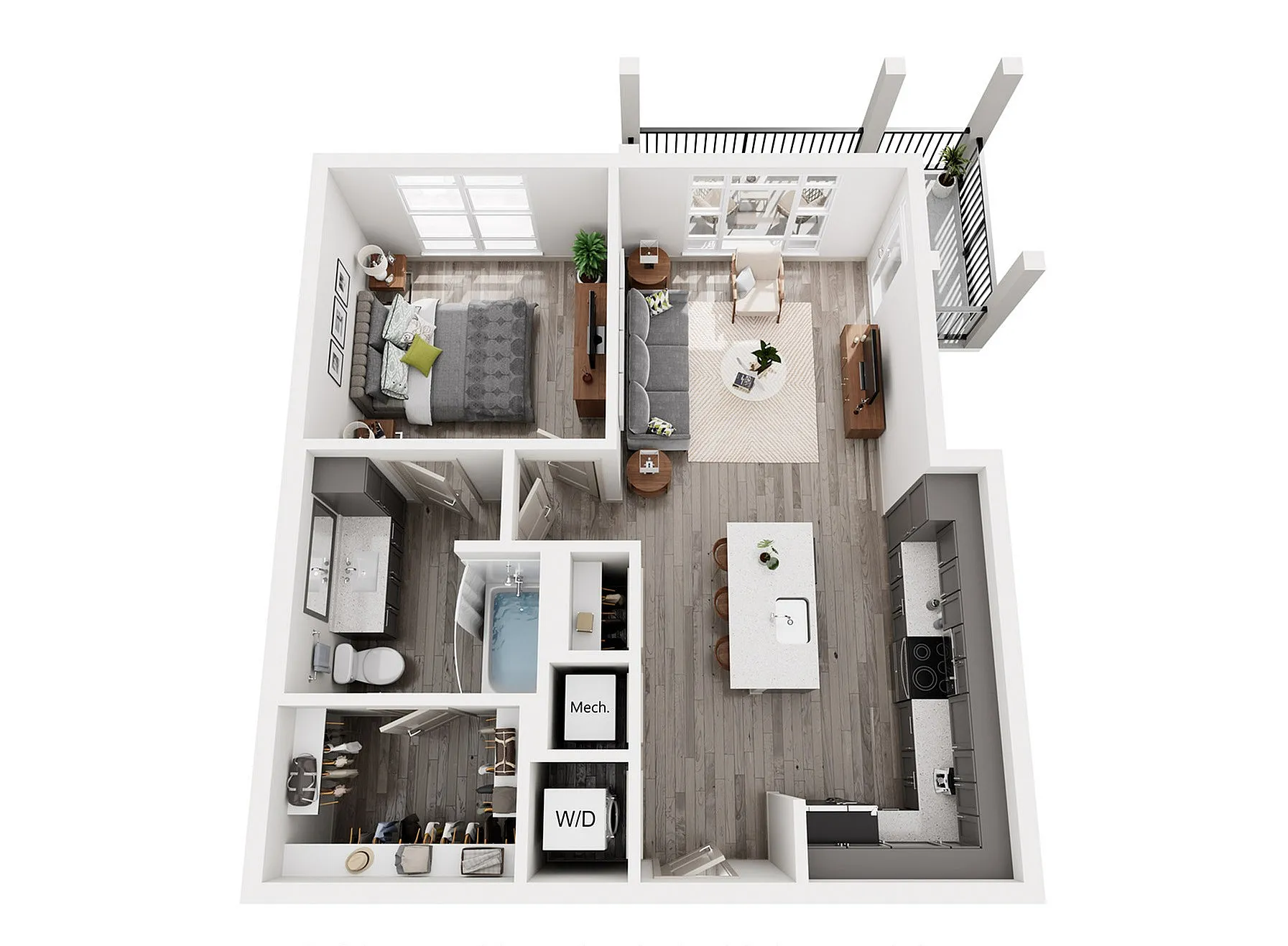 Modern 3D apartment floor plan showcasing 2 cozy bedrooms, elegant open-concept living area, sleek kitchen with island, and private balcony access.