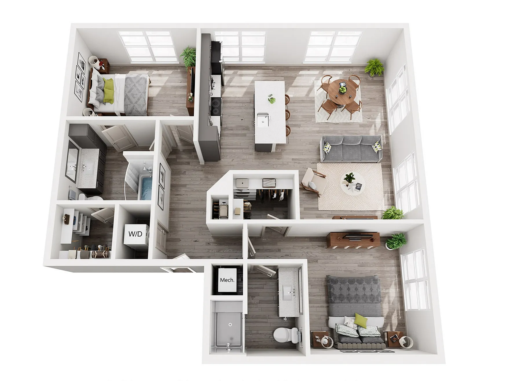 Modern 3D floor plan showcasing two spacious bedrooms, stylish open kitchen with island, cozy living area, and chic dining space.