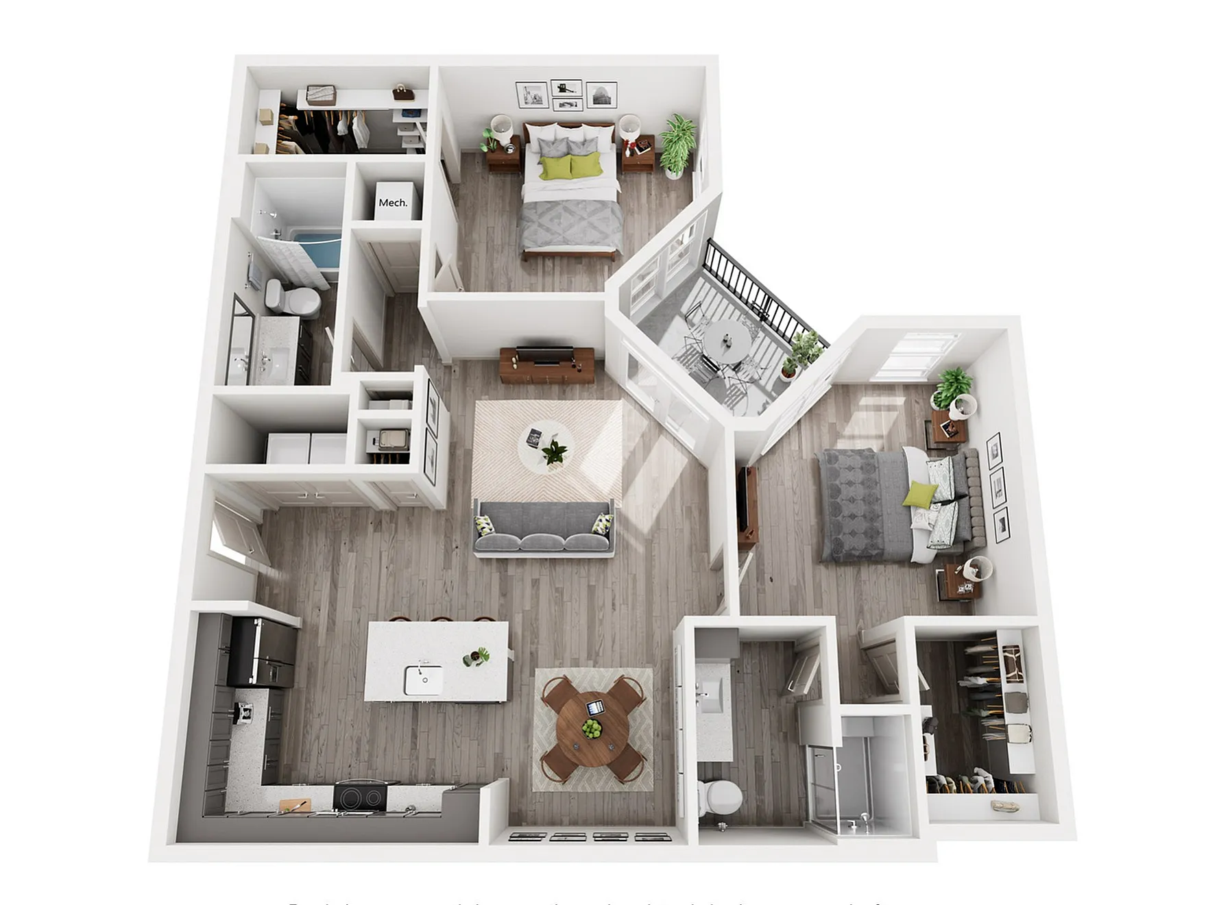 Modern 3D floor plan showcasing 2 bedrooms, 2 bathrooms, open-concept living area, stylish kitchen, and private balcony.