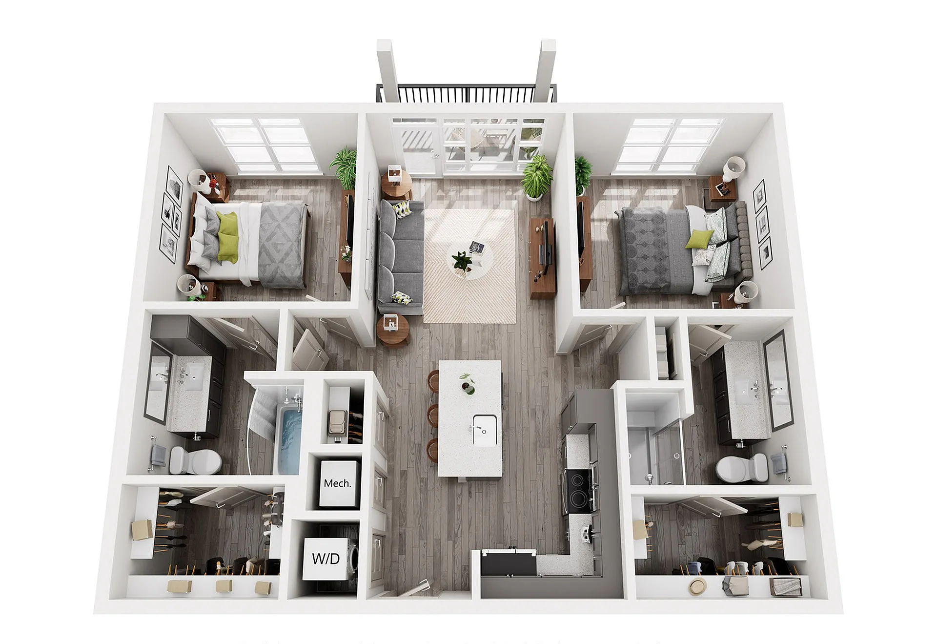 Modern 3D floor plan showcasing 2 bedrooms, open-concept living and dining area, and a sleek kitchen with island seating.