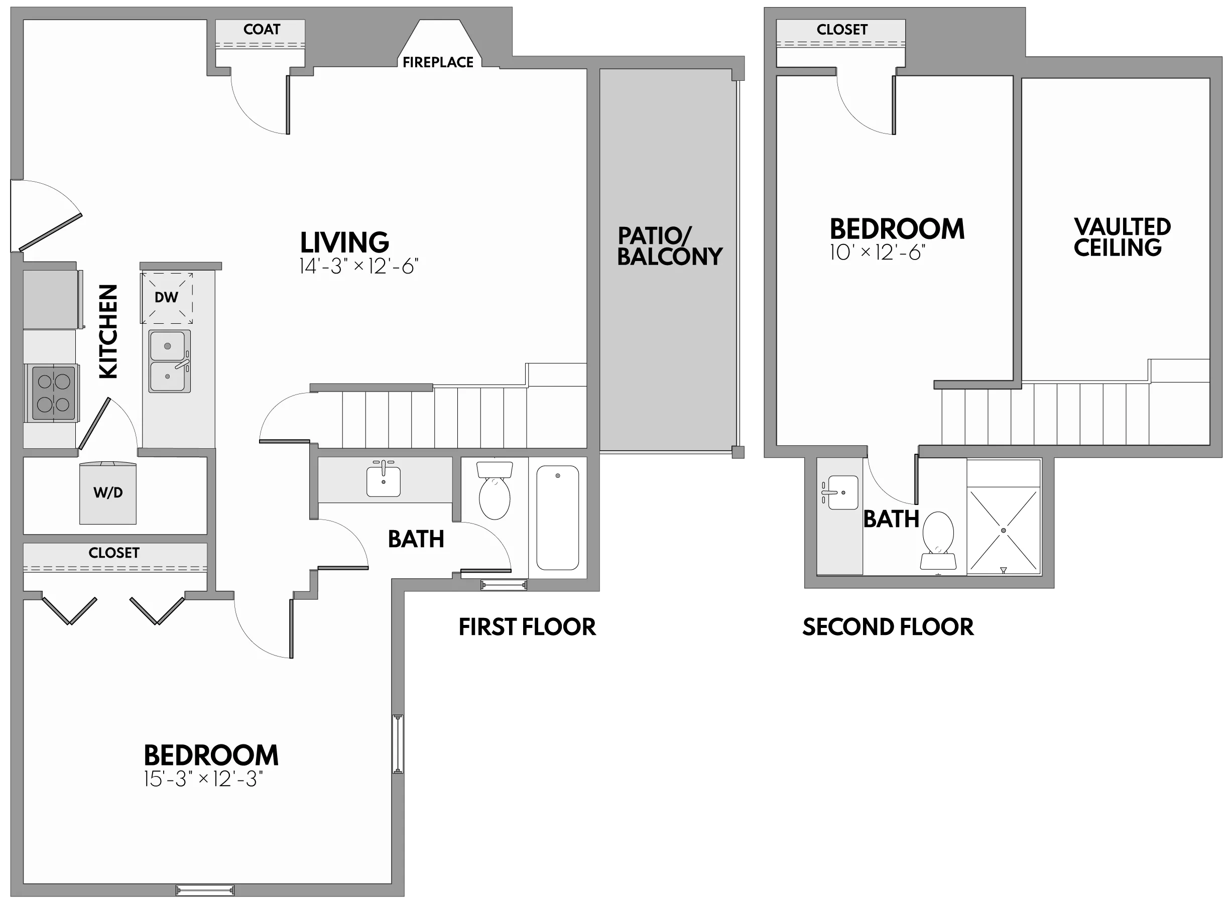 Chic floor plan with 2 bedrooms, open living area with fireplace, and a spacious balcony. Vaulted ceiling in the upstairs bedroom enhances elegance.