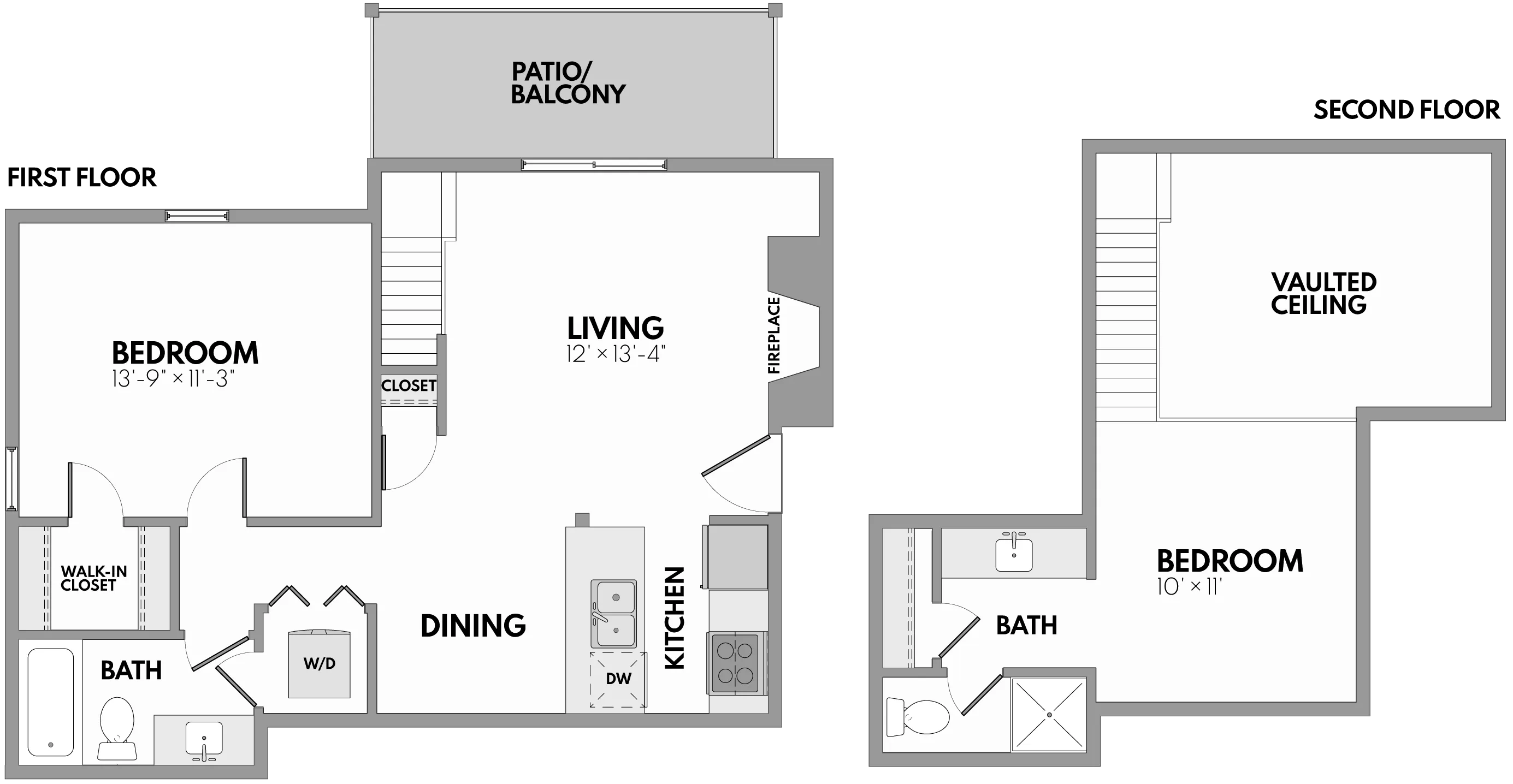 Elegant floor plan with two spacious bedrooms, vaulted ceiling, modern kitchen, and private patio balcony.