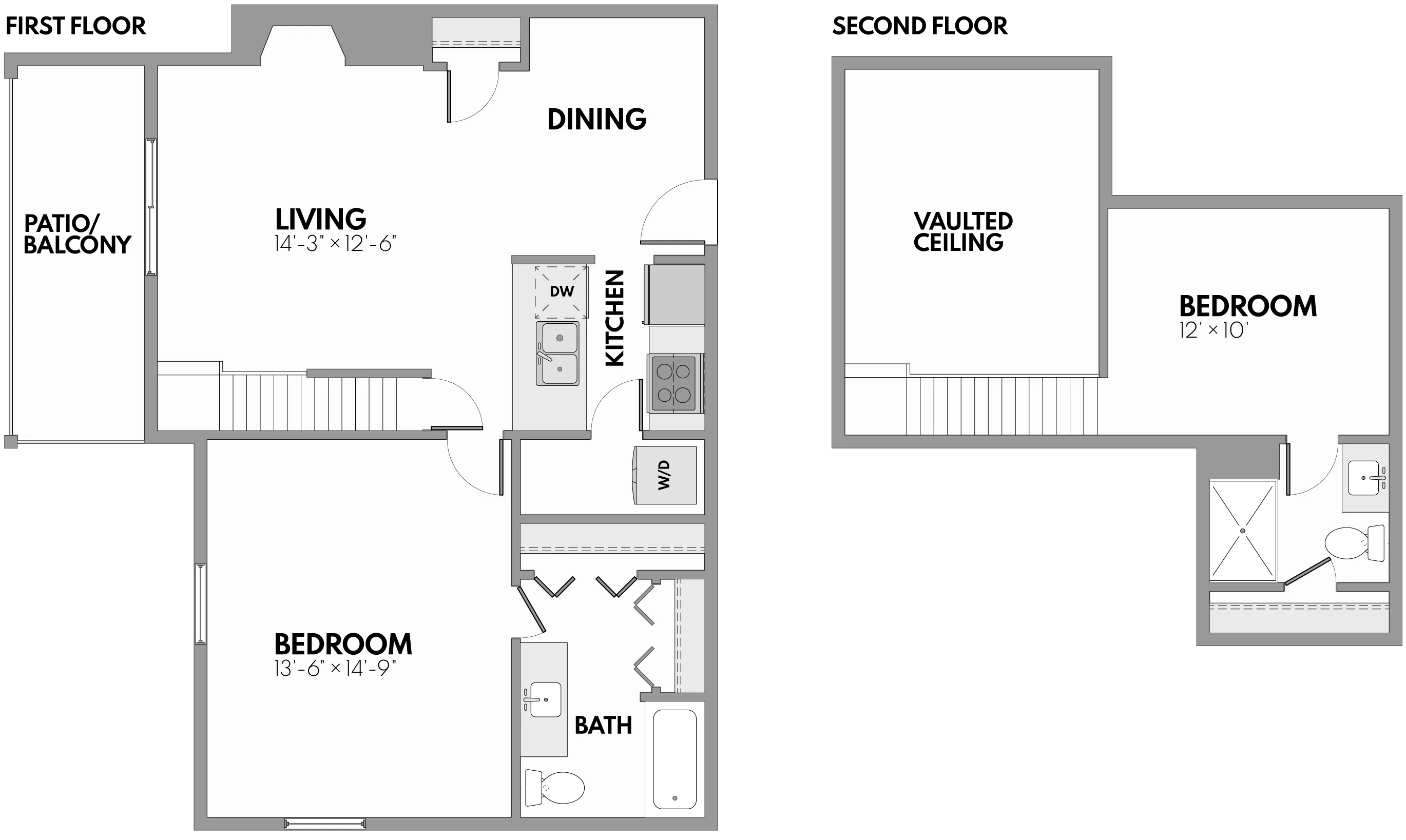 Elegant 2D apartment floor plan showcasing two levels with vaulted ceilings, featuring two bedrooms, a spacious living room with patio access, dining area, modern kitchen with dishwasher, and convenient laundry space.