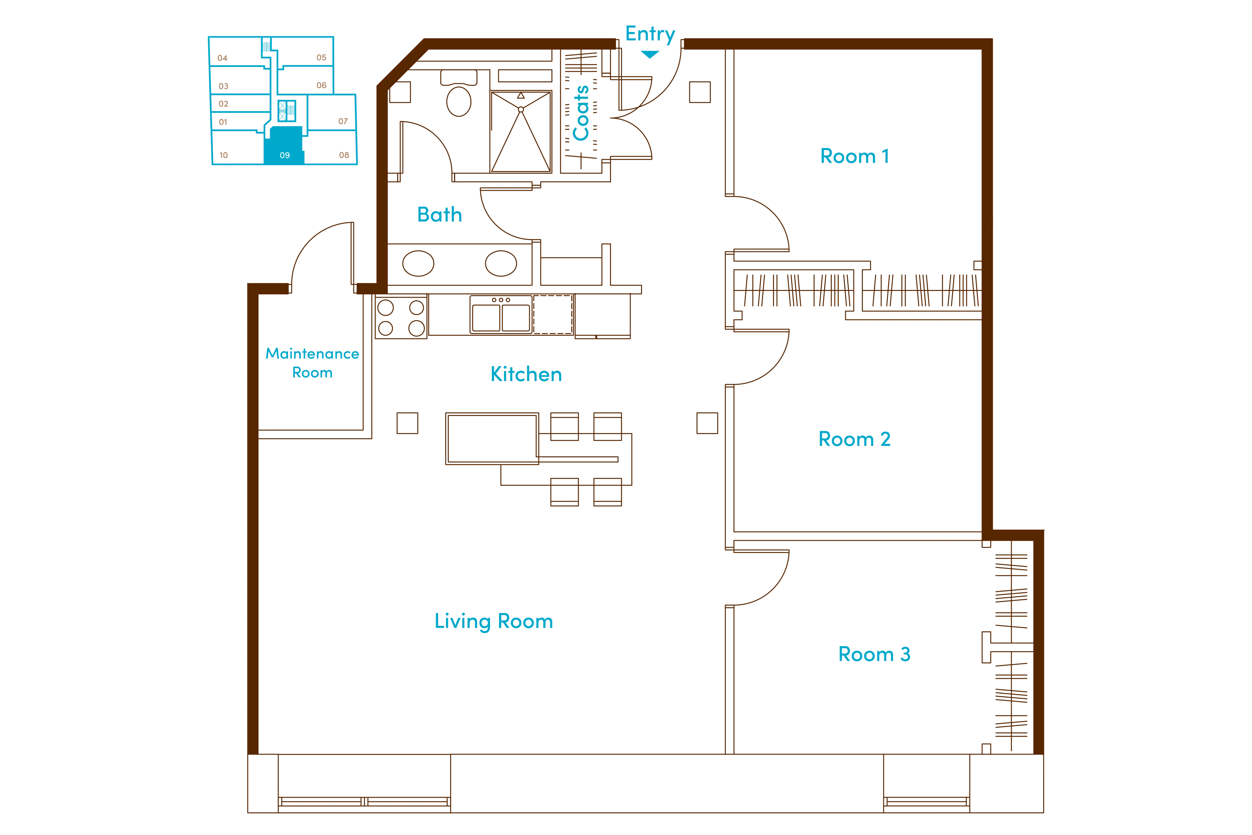 Modern floor plan with 3 spacious rooms, inviting living area, sleek kitchen, and convenient bath, featuring an entry closet and maintenance room.