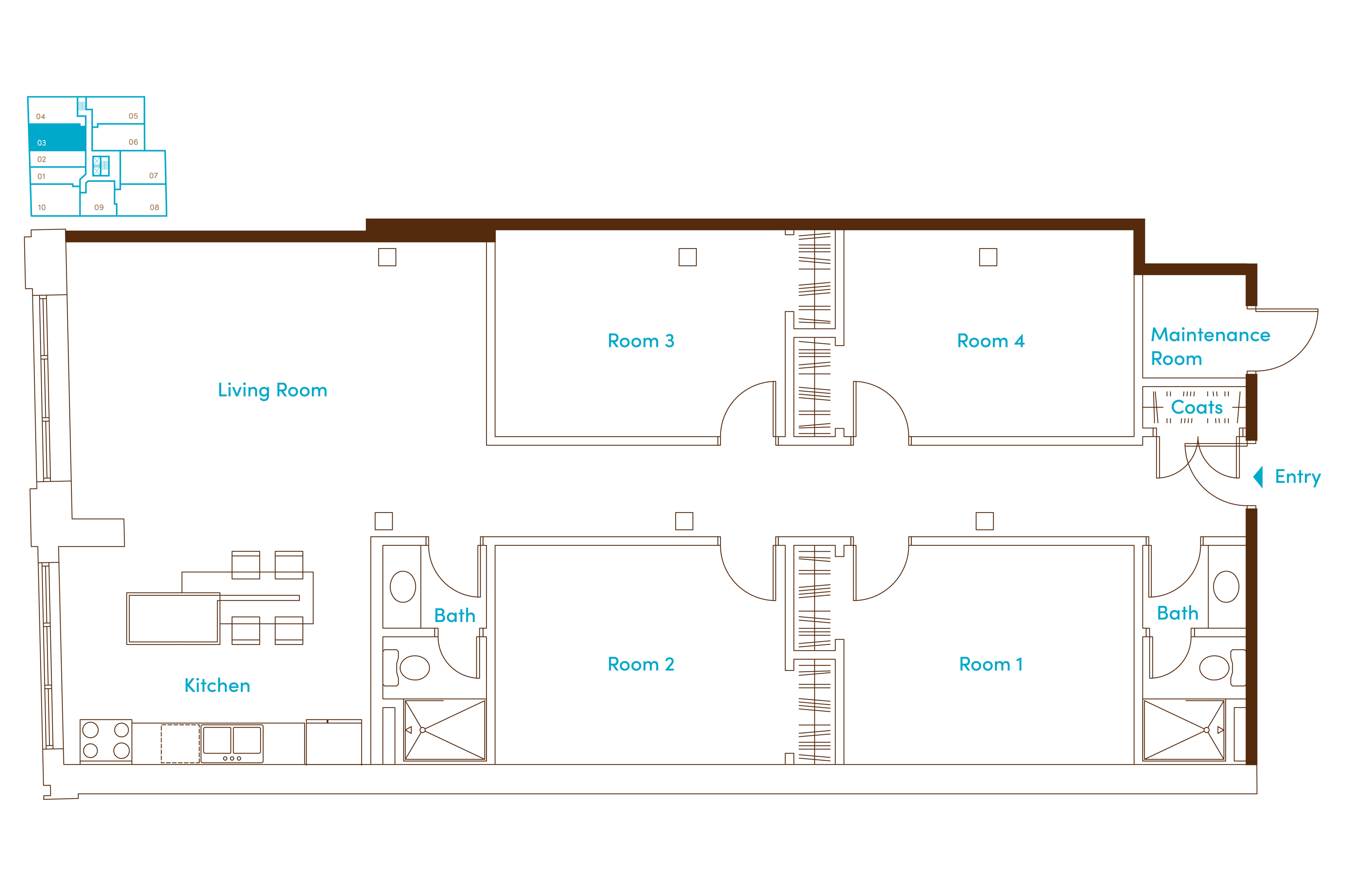 Modern floor plan with 4 spacious rooms, a cozy living room, and a practical kitchen, perfect for comfortable living.