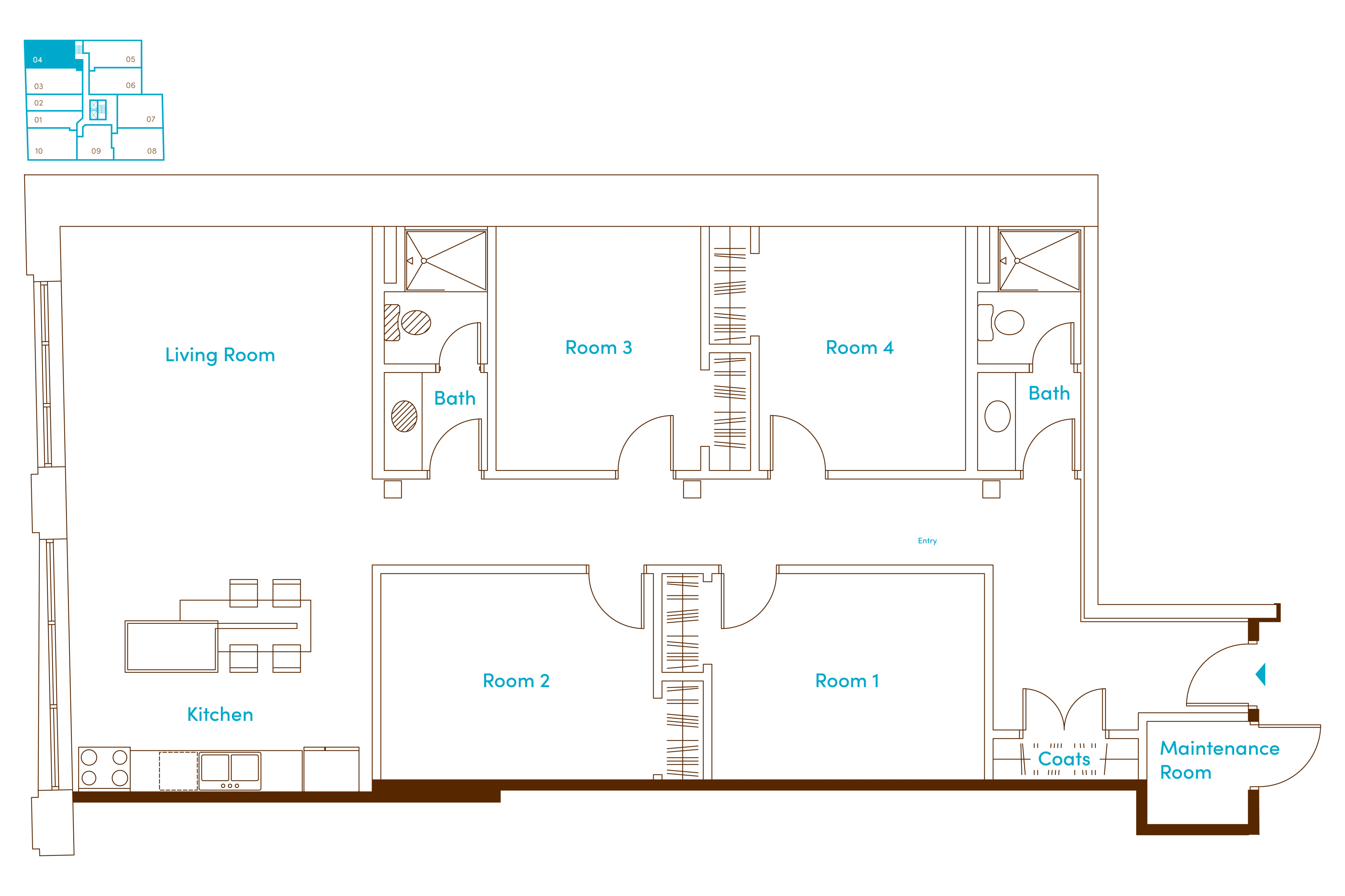 Elegant floor plan showcasing a spacious living room, modern kitchen, and four versatile rooms with ample storage. Includes two bathrooms and a convenient maintenance room for optimum functionality.