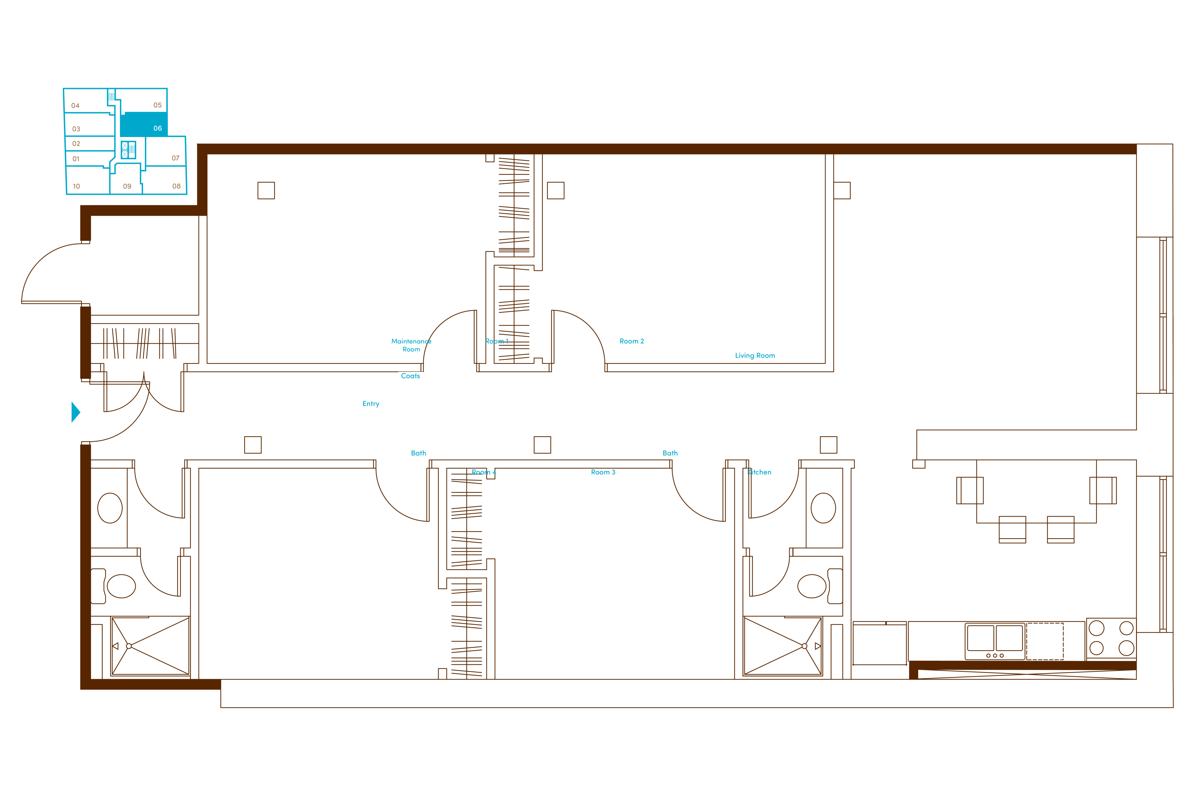 Elegant floor plan showcasing spacious living room, modern kitchen, and four versatile rooms in a sleek layout.