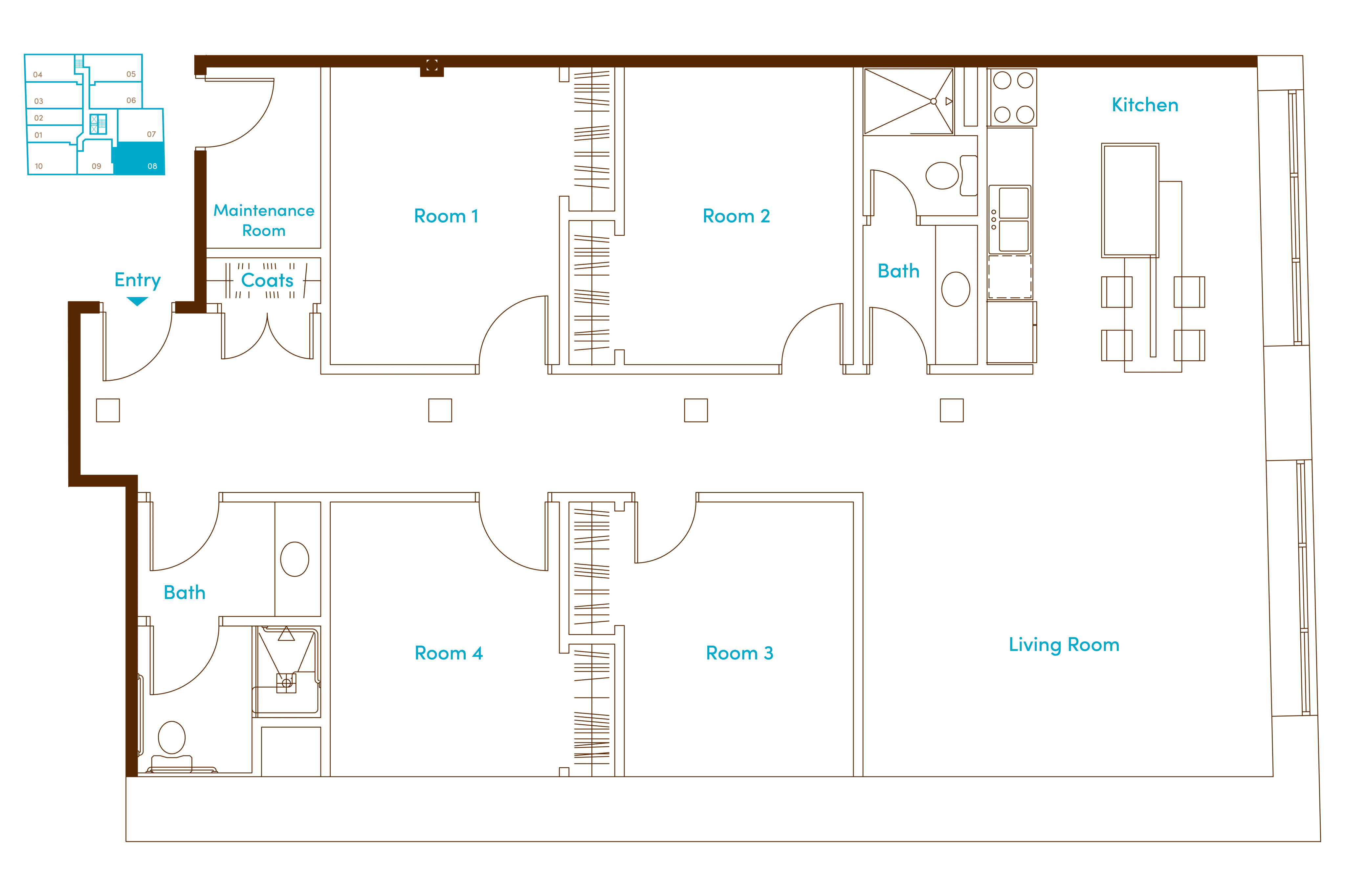 Sleek 2D floor plan illustrating a modern apartment with 4 spacious rooms, dual baths, a cozy kitchen, and an inviting living room.