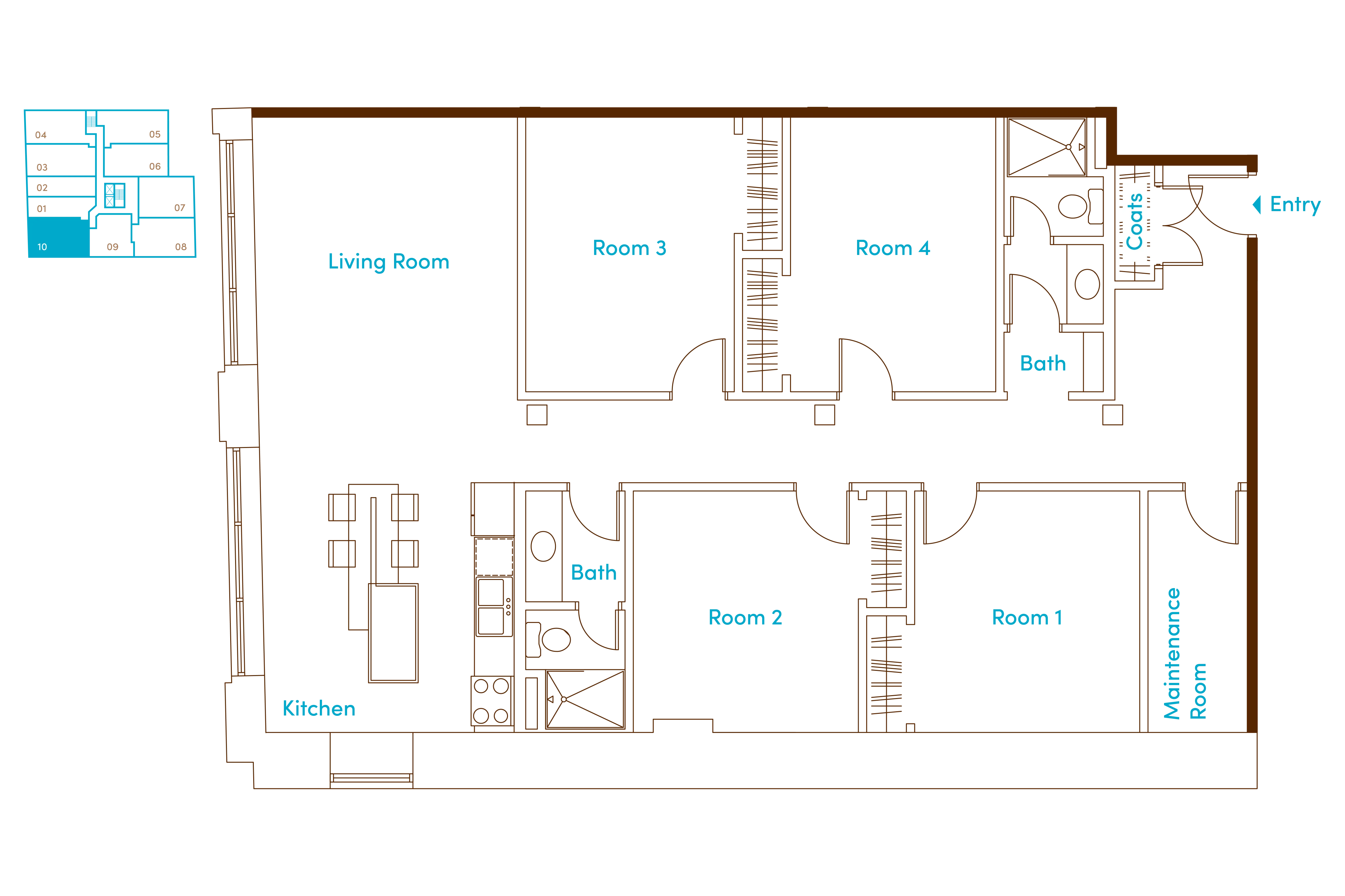 Contemporary floor plan showcasing a spacious living room, four versatile rooms, two modern baths, and a sleek kitchen. Includes a maintenance room and coat closet for added convenience.