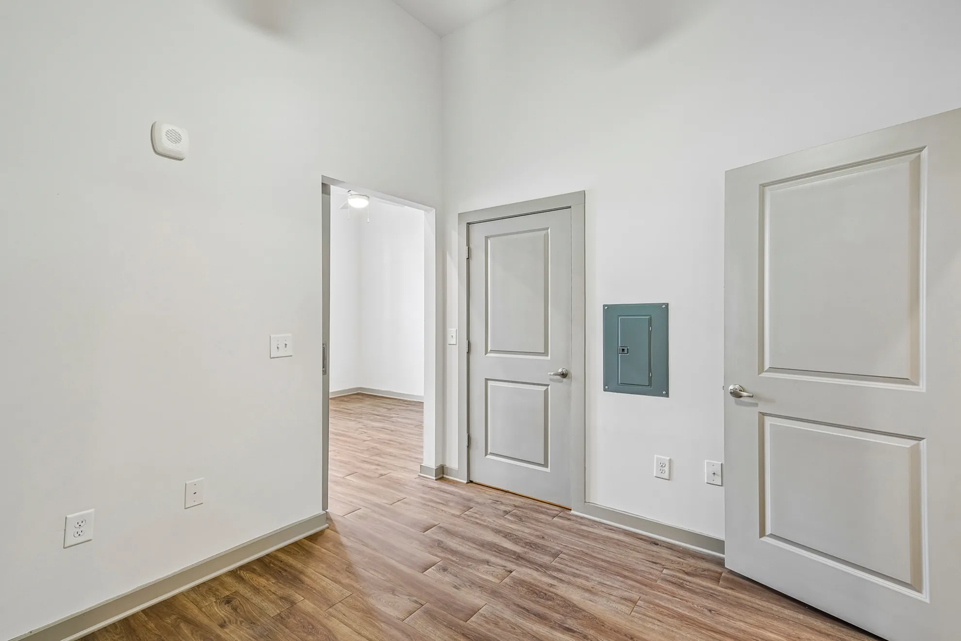 Contemporary apartment entrance with elegant wood flooring and sleek white doors, showcasing a bright and inviting interior.