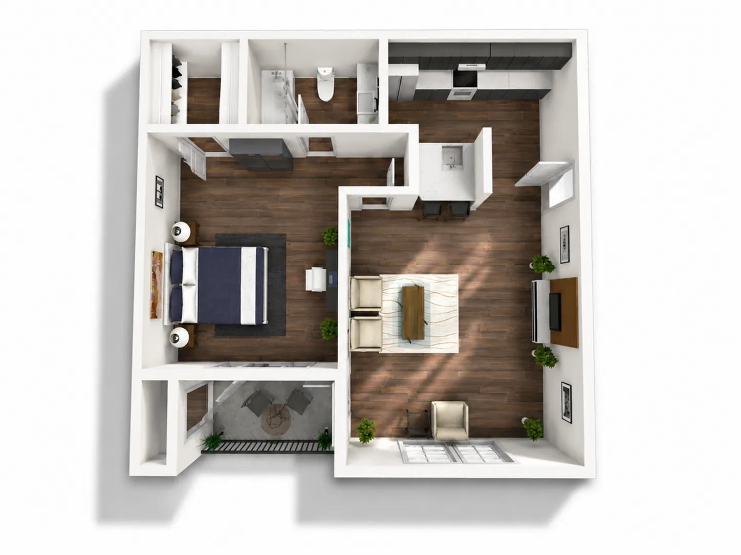 Modern 3D floor plan showcasing a cozy apartment with a spacious bedroom, sleek kitchen, stylish living room, and private balcony.