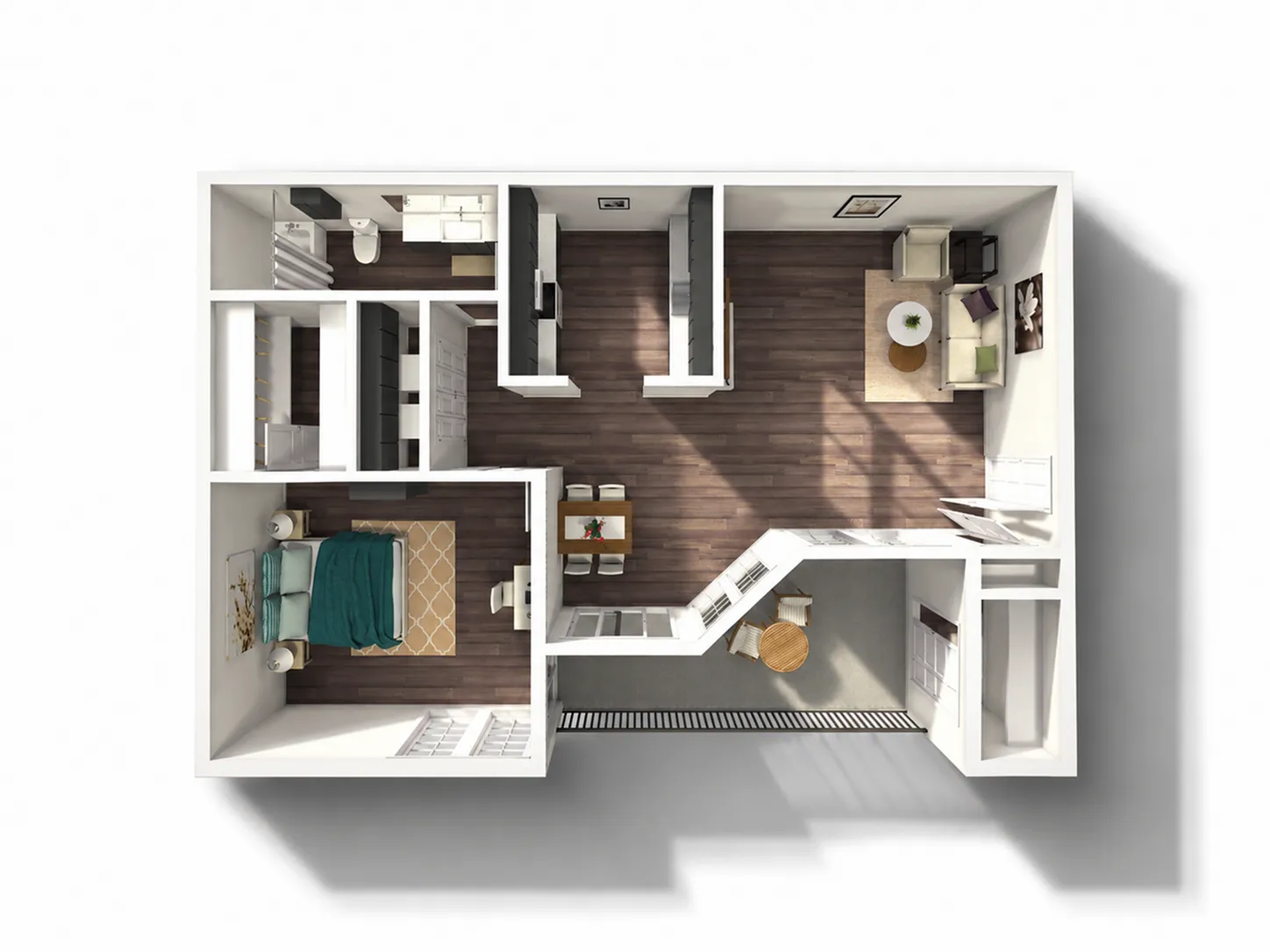 Chic 3D floor plan showcasing a cozy 1-bedroom apartment with an open kitchen, inviting living room, and stylish bathroom.