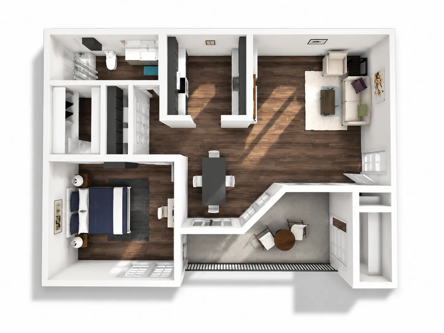 Elegant floor plan featuring a cozy bedroom, sleek kitchen, stylish open-concept living area, and modern bathroom with warm hardwood flooring throughout.