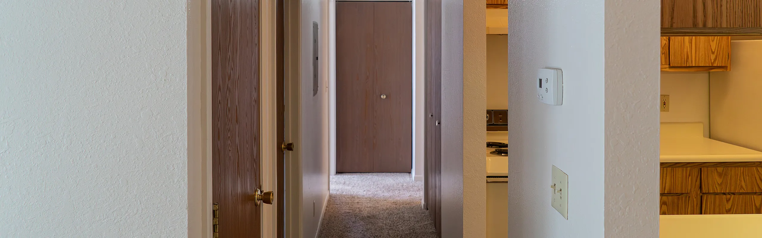 Inviting apartment hallway featuring warm wooden doors, leading to cozy living spaces and a charming kitchen with elegant cabinetry.
