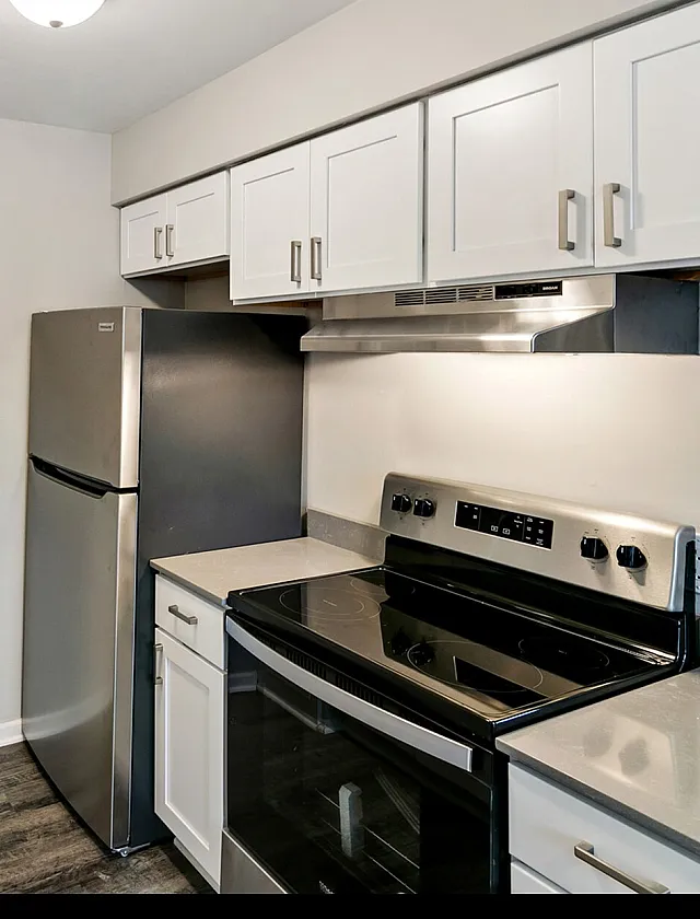 Modern kitchen with sleek stainless steel appliances, elegant white cabinetry, and contemporary lighting.
