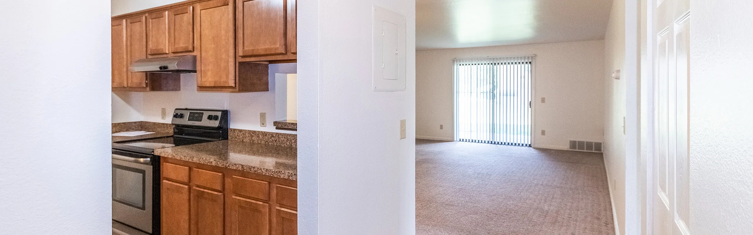 Inviting apartment with a modern kitchen featuring wood cabinetry and stainless steel appliances, seamlessly connected to a bright, spacious living area with sliding glass doors.