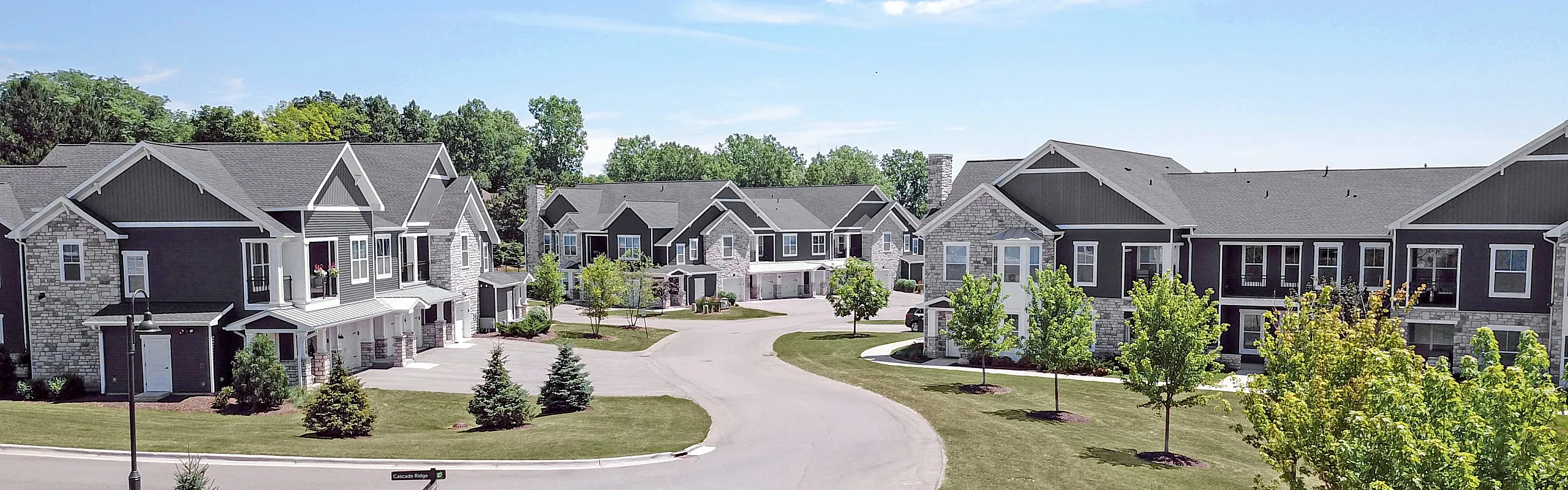 Charming suburban neighborhood with elegant gray stone buildings, lush green trees, and a clear blue sky.