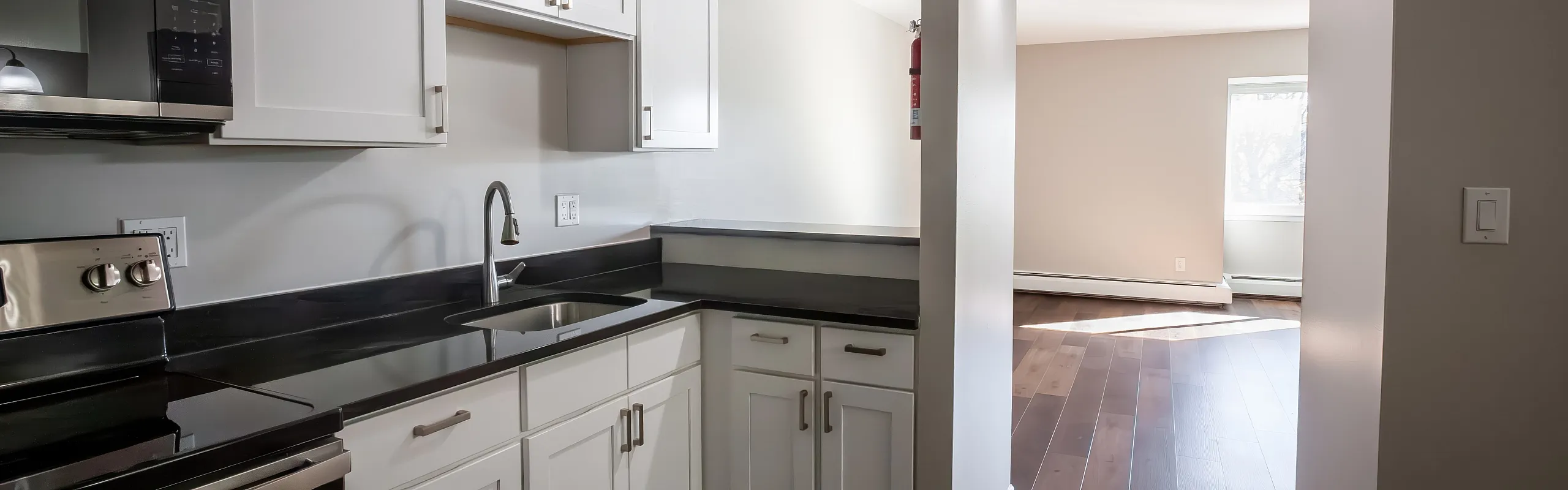 Modern kitchen with sleek black countertops and stainless steel appliances, flowing seamlessly into a sunlit hardwood floored living space.