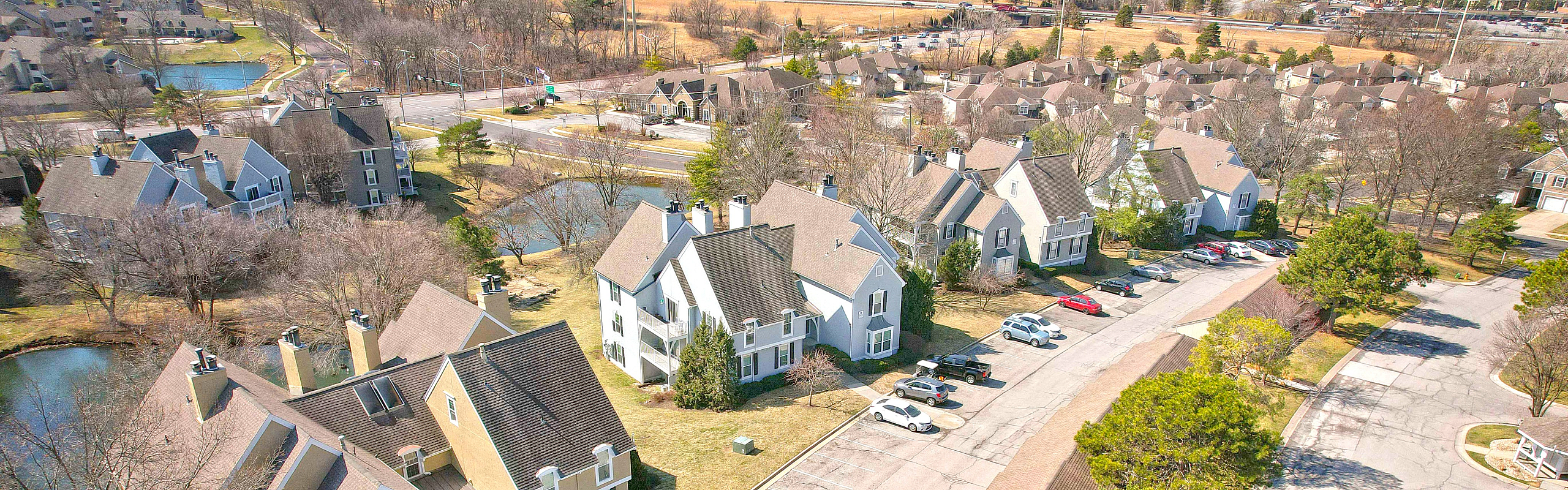 Charming suburban neighborhood with elegant townhouses surrounded by lush greenery and tranquil ponds.