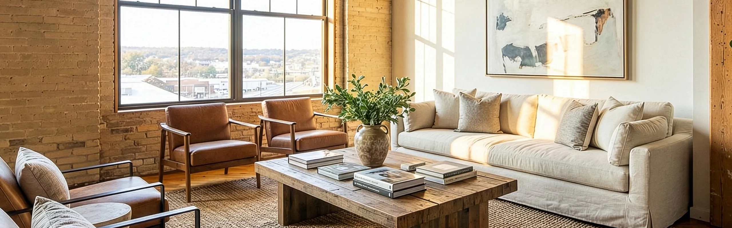 Chic living room with modern design, featuring a cozy sofa, leather chairs, and a rustic wooden coffee table bathed in natural light from large windows showcasing a scenic view.