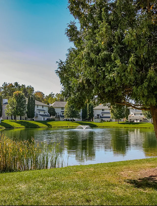 Scenic view of tranquil pond with fountain, surrounded by lush greenery and charming residential buildings.